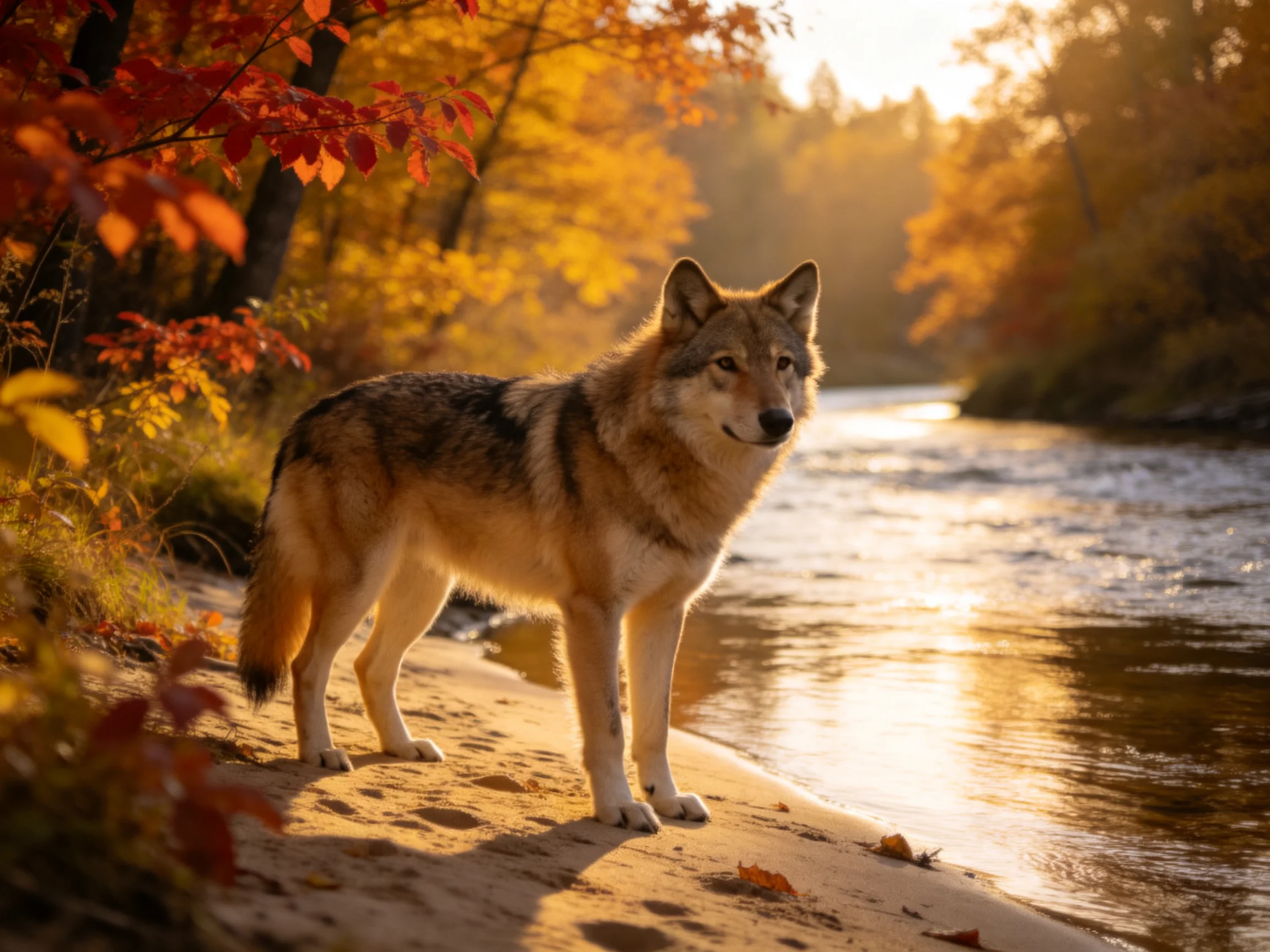 A wolf stands on a sandy shore beside a calm river with autumn foliage