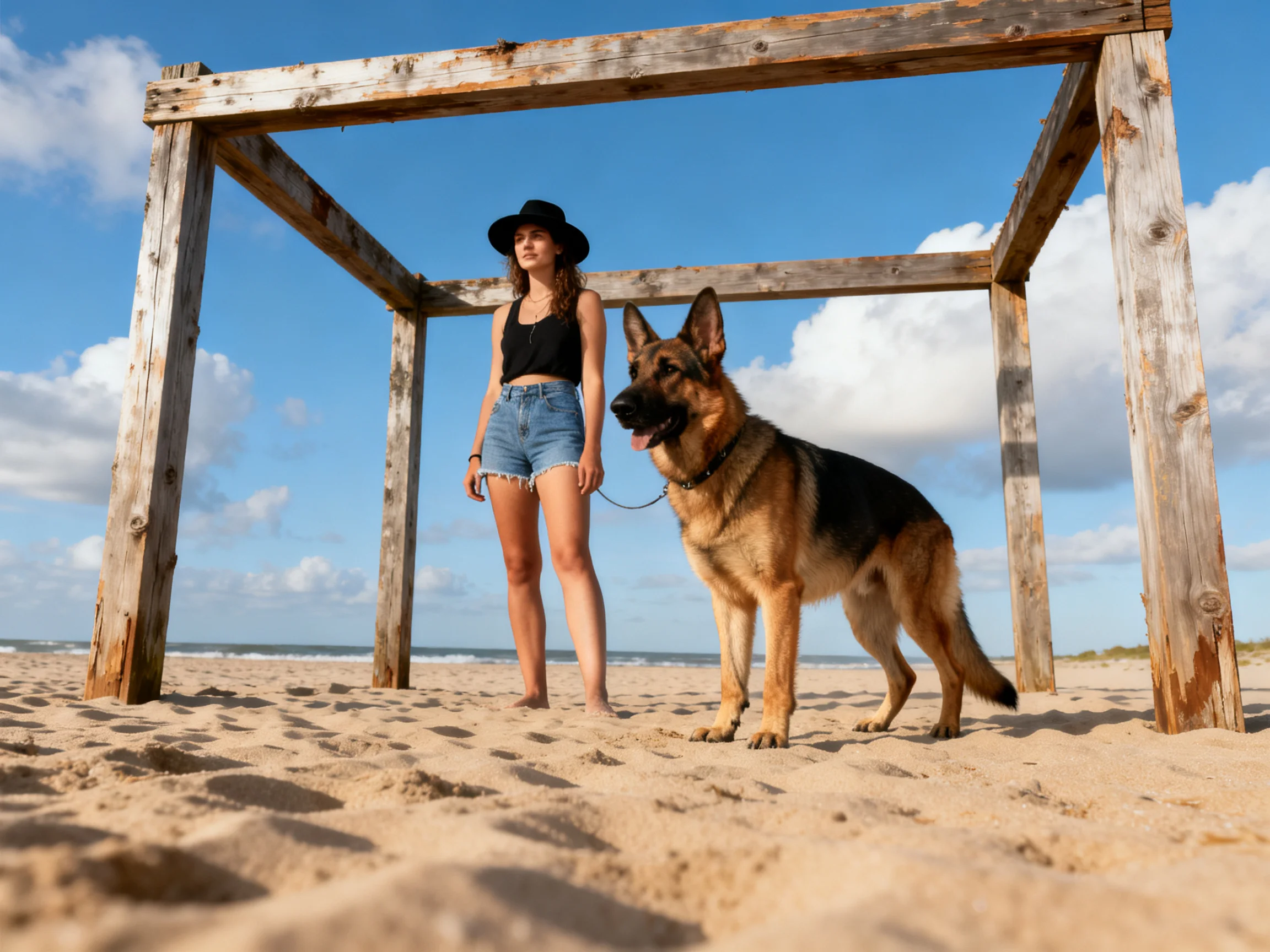 A woman and her German Shepherd stand together on a sandy beach under an old wooden structure.
