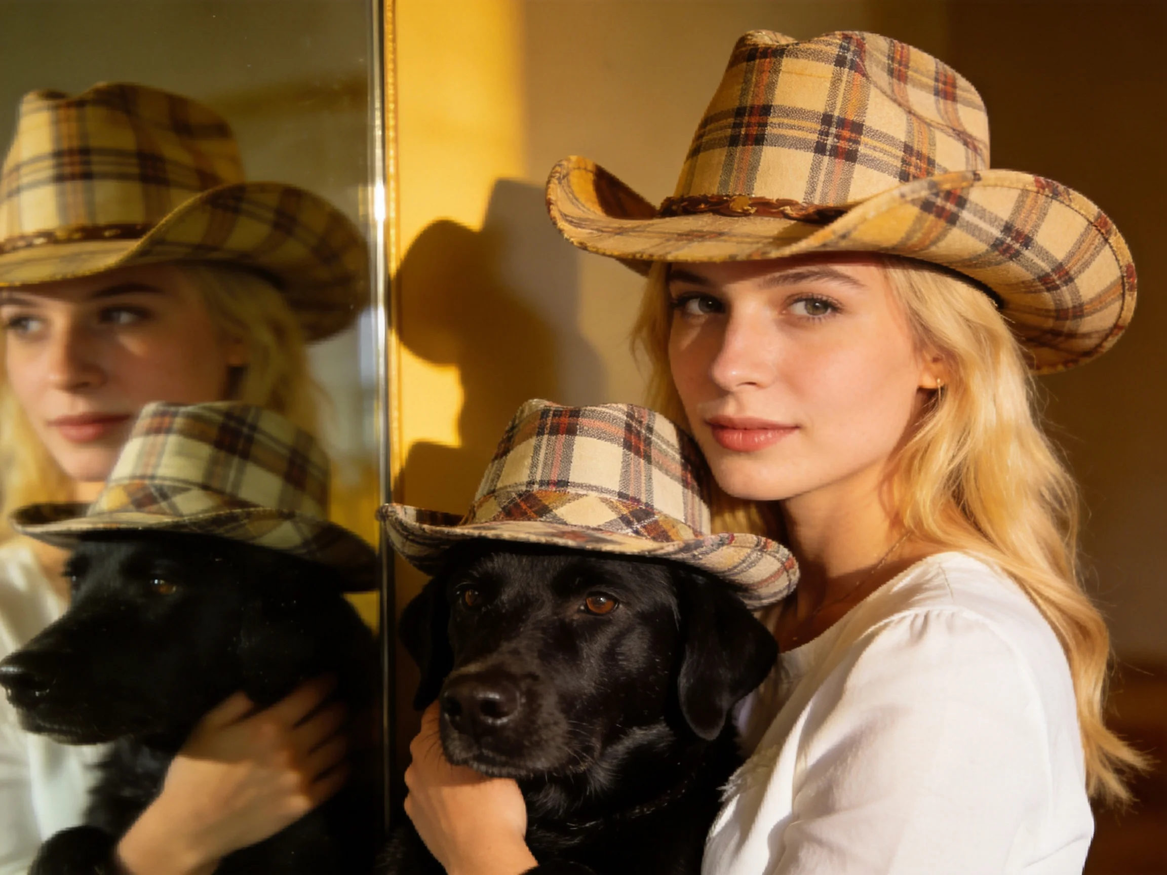 A woman and her black dog wear matching plaid cowboy hats near a mirror