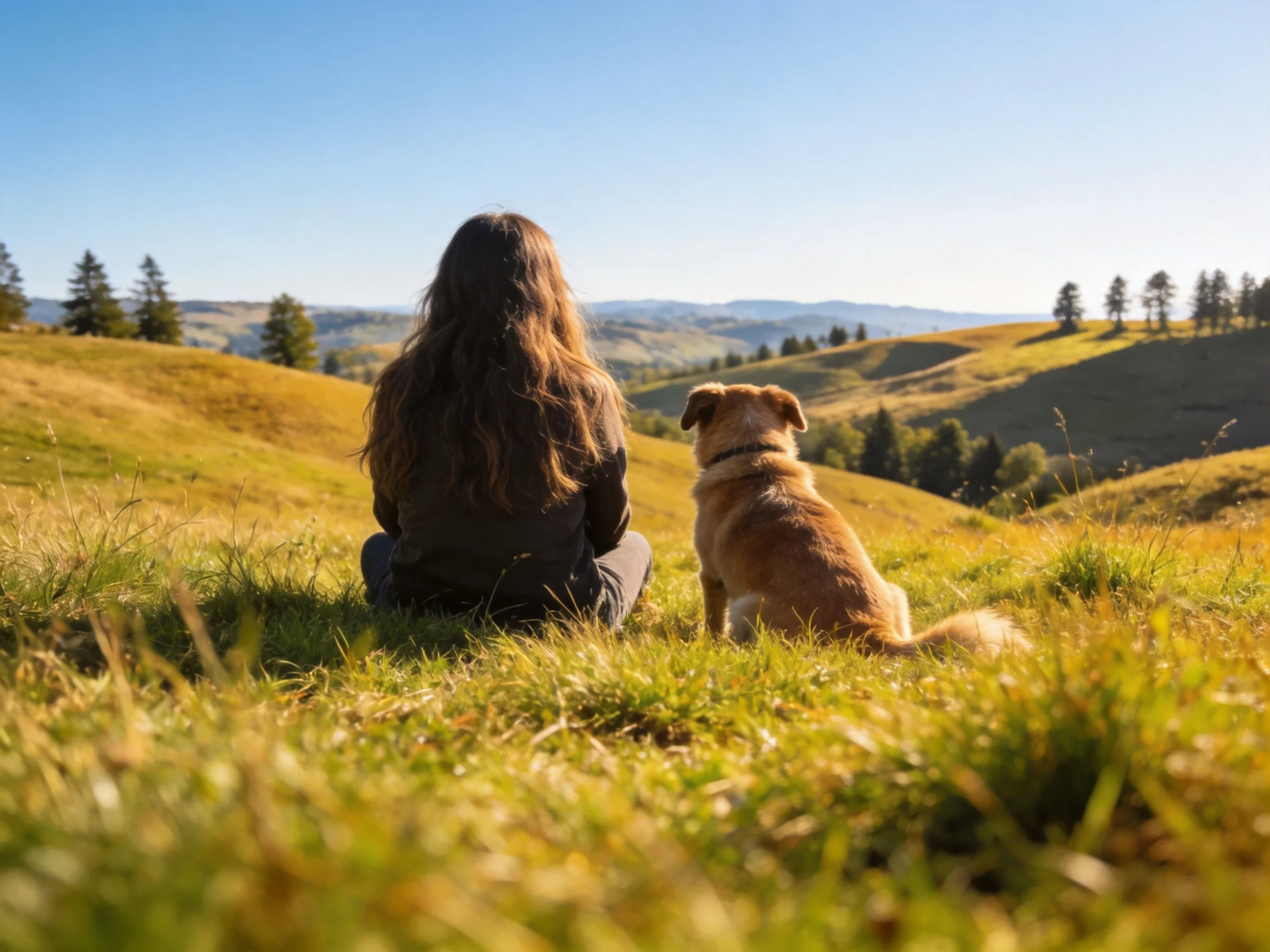 A woman and her dog sit on golden grassy hills under a clear blue sky