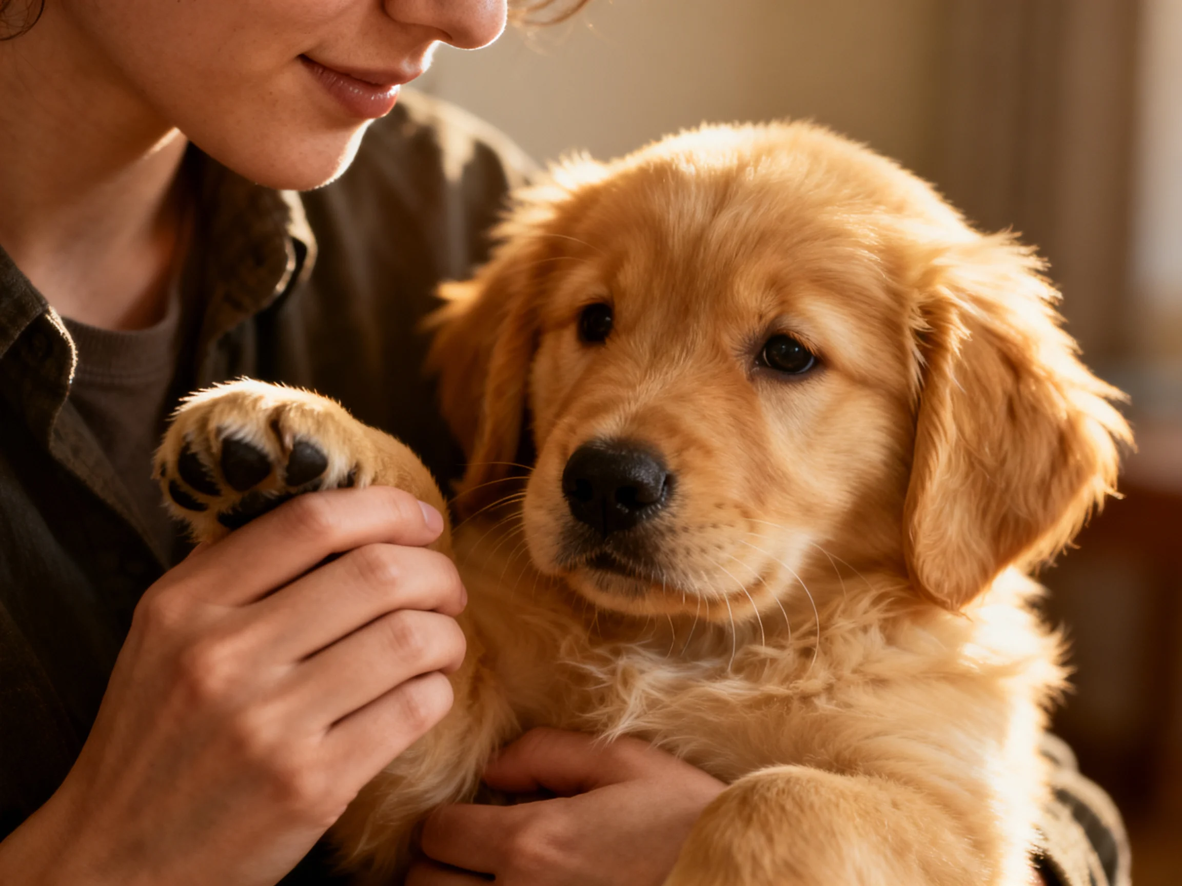 A woman cradles a fluffy golden retriever puppy indoors