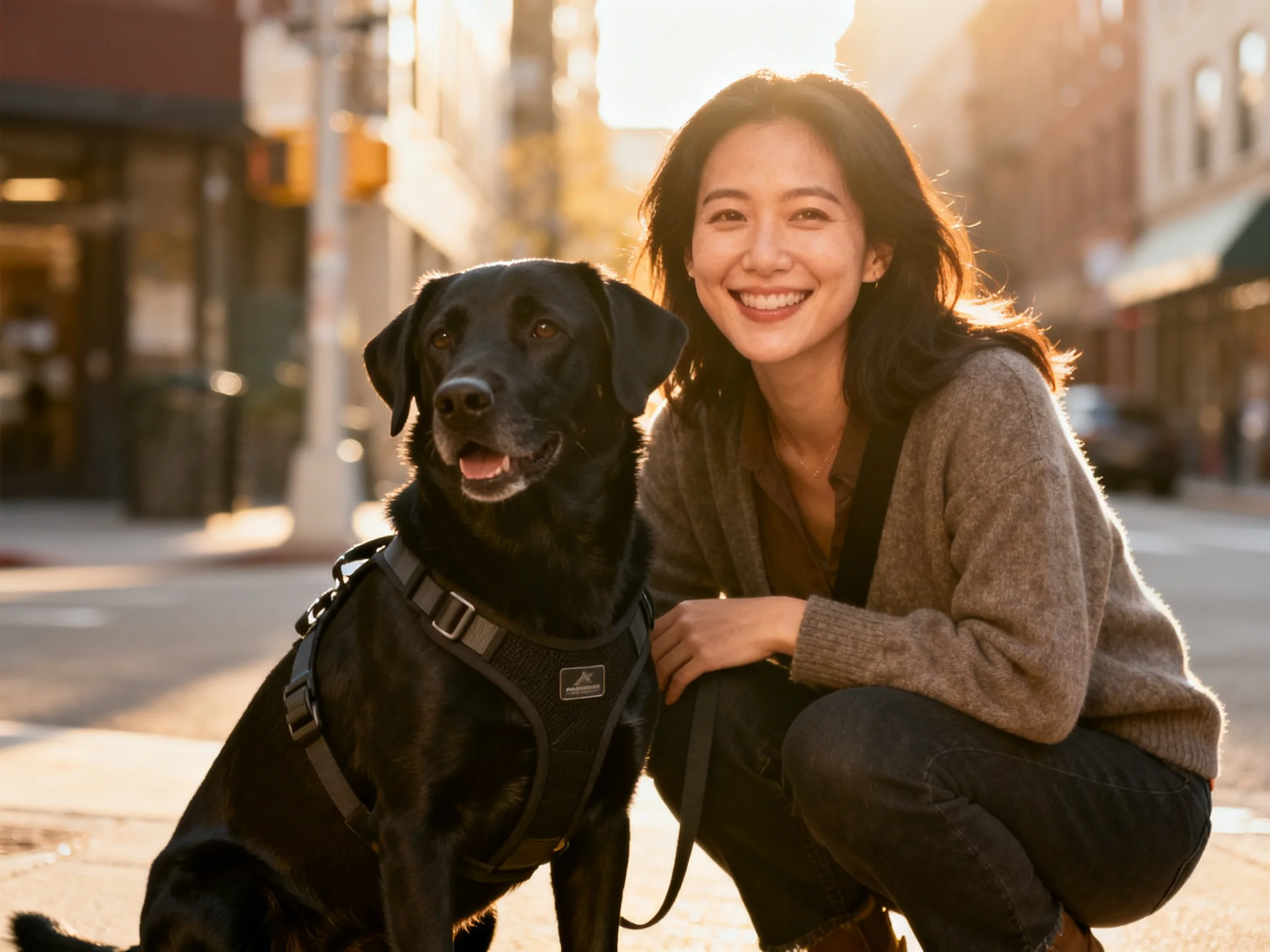 A woman crouches beside a black service dog on a sunlit city sidewalk