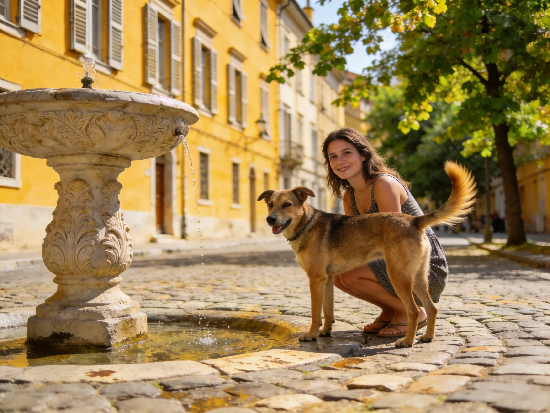A woman crouches by an ornate stone fountain with her tan dog