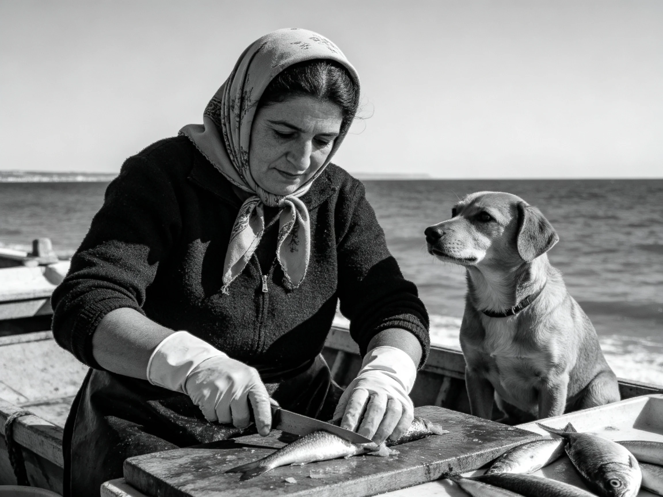 A woman cuts fish on a boat while a dog watches by the seaside