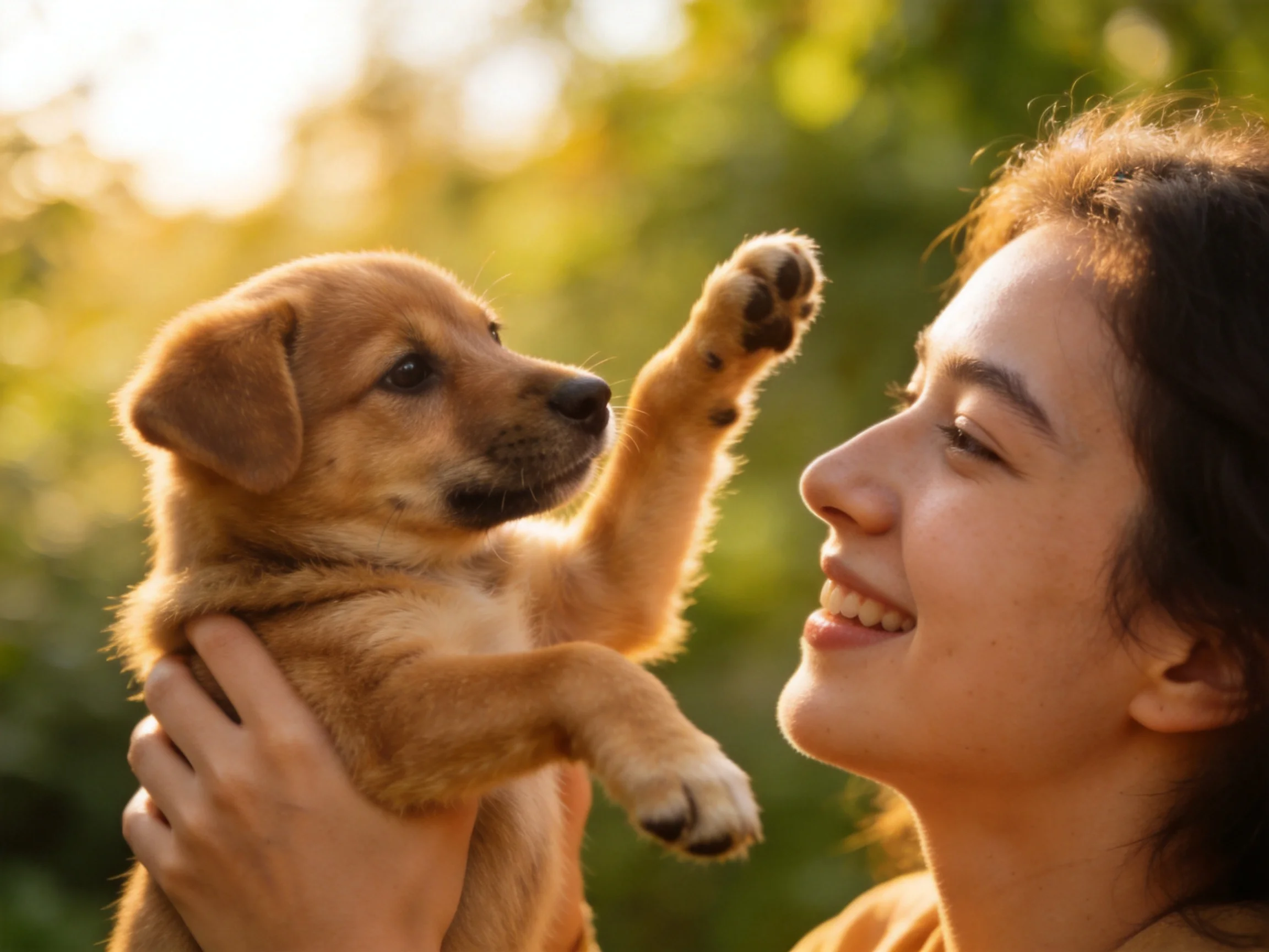 A woman smiles while holding a golden-brown puppy in a sunlit outdoor area.