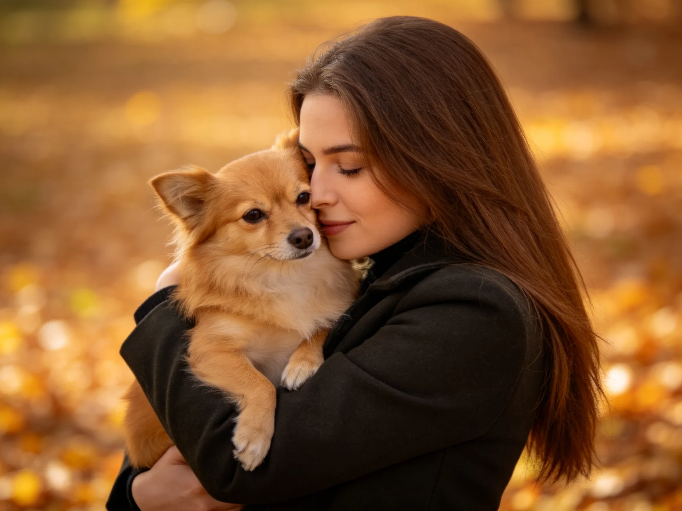 A woman holds a golden dog amidst autumn’s golden foliage