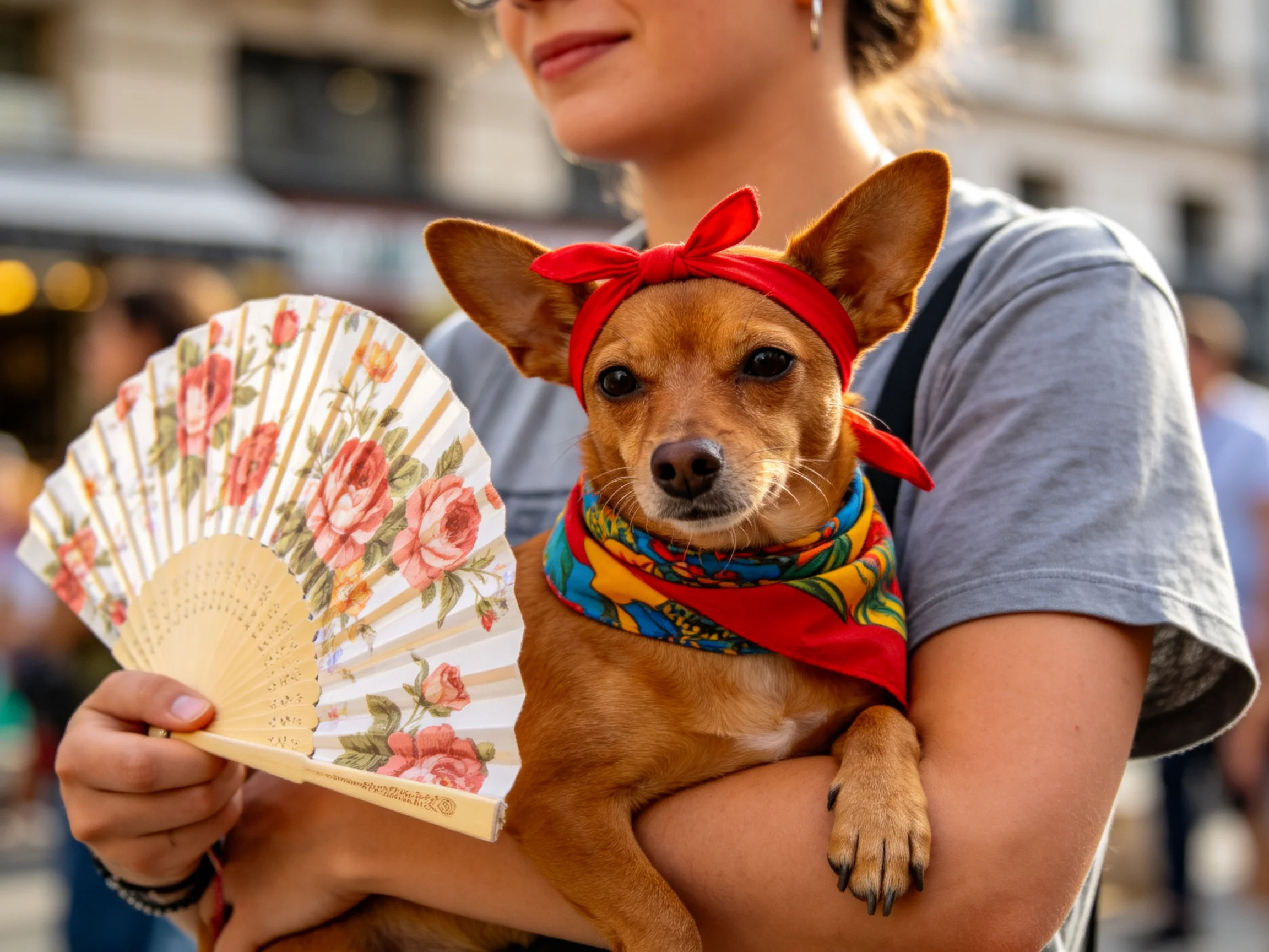 A woman holds a small brown dog with red accessories near a floral hand fan