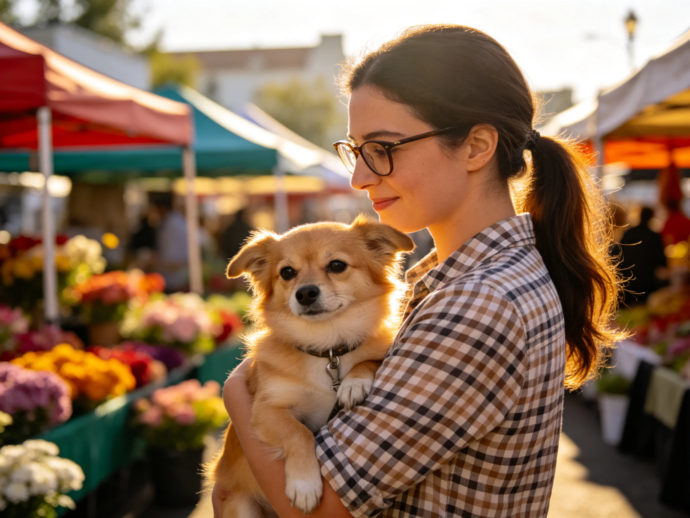 A woman holds a small dog among colorful flower stalls in a sunny outdoor market.
