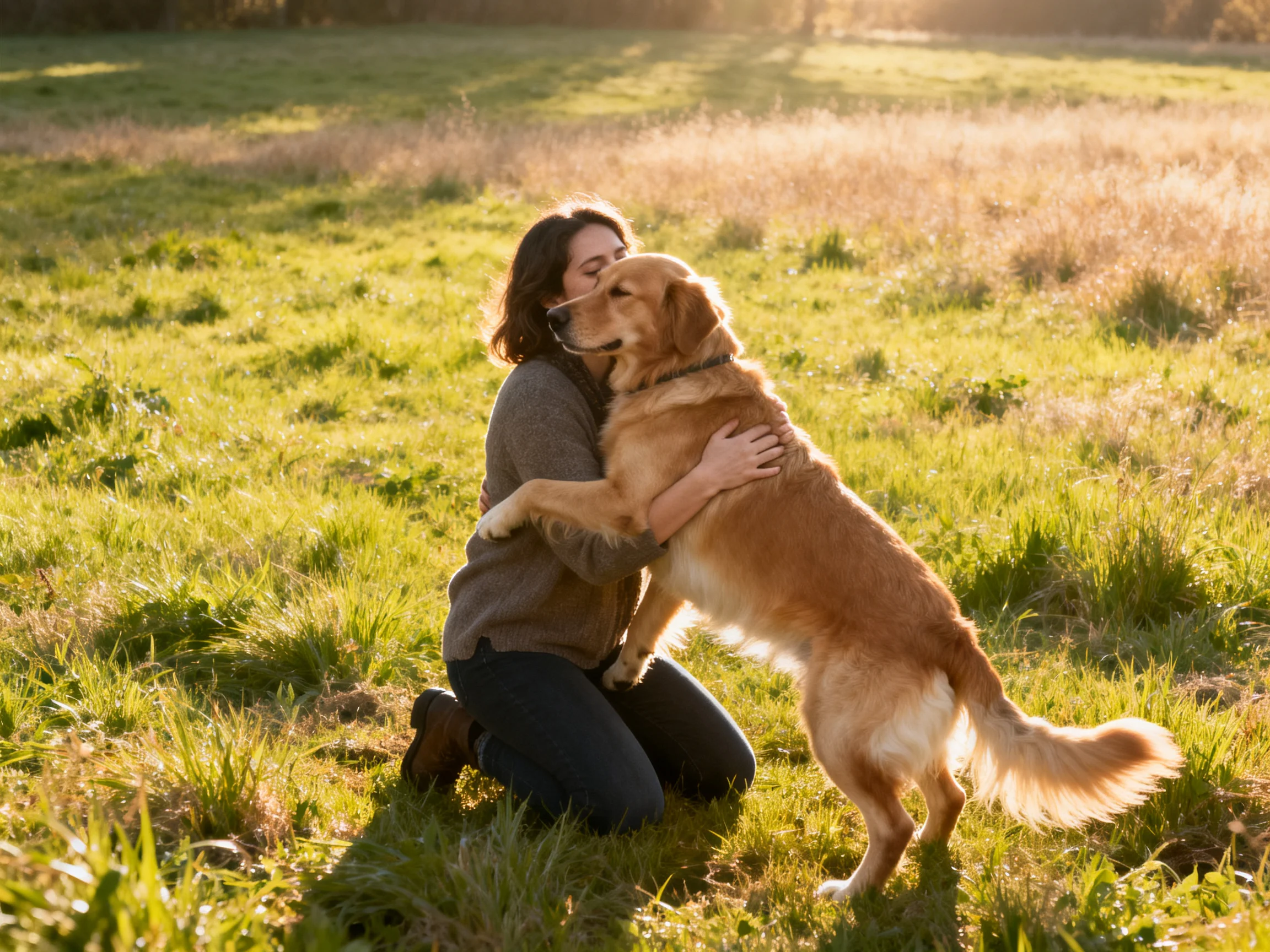 A woman hugs a golden retriever in a sunlit green meadow