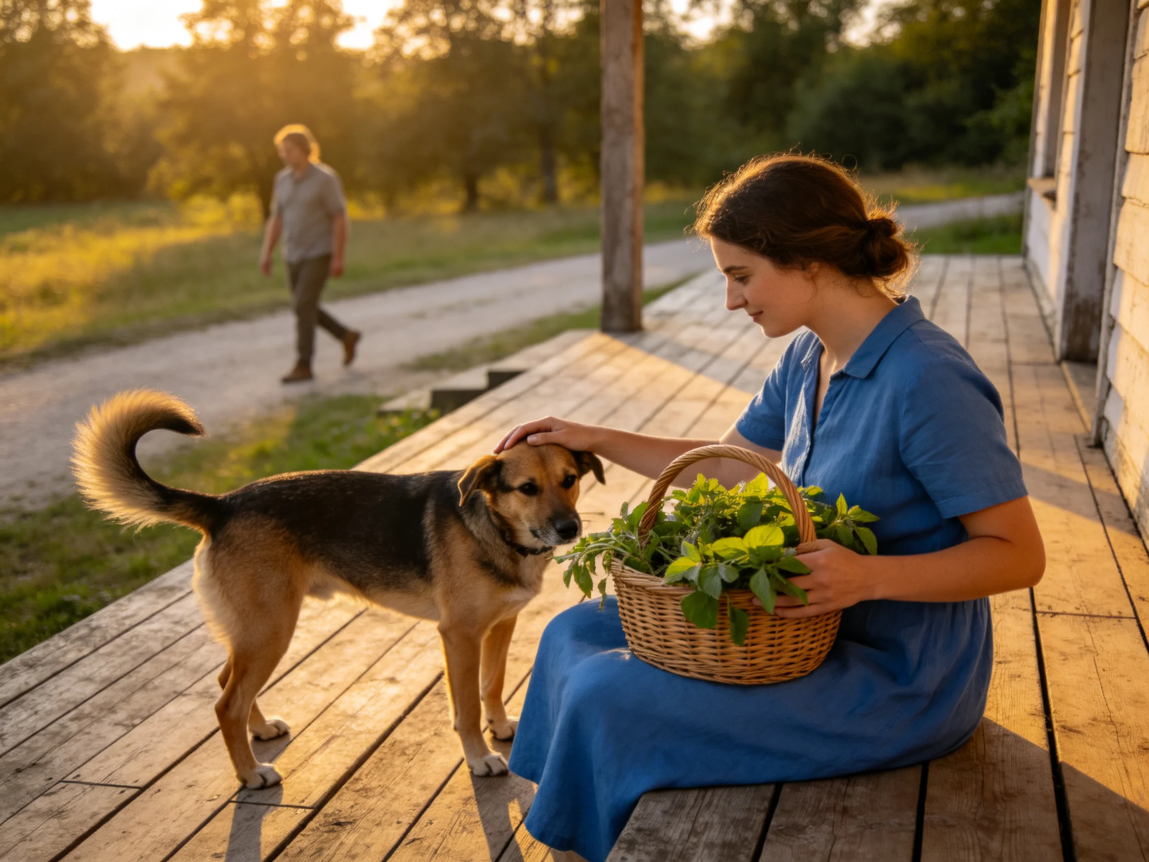 A woman in a blue dress pets a dog near a wicker basket of greenery at sunset