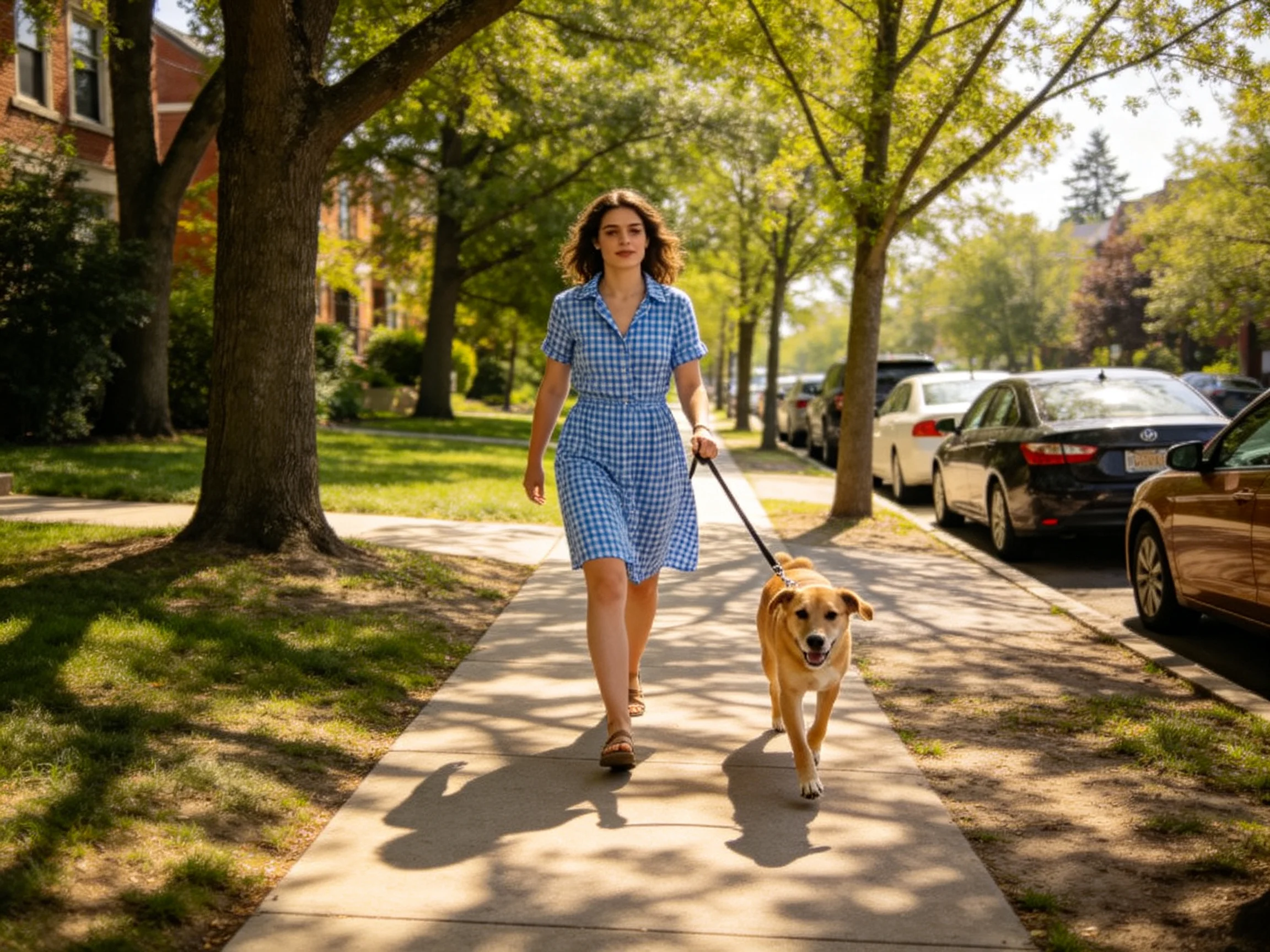 A woman in a blue gingham dress walks her tan dog along a tree-lined sidewalk