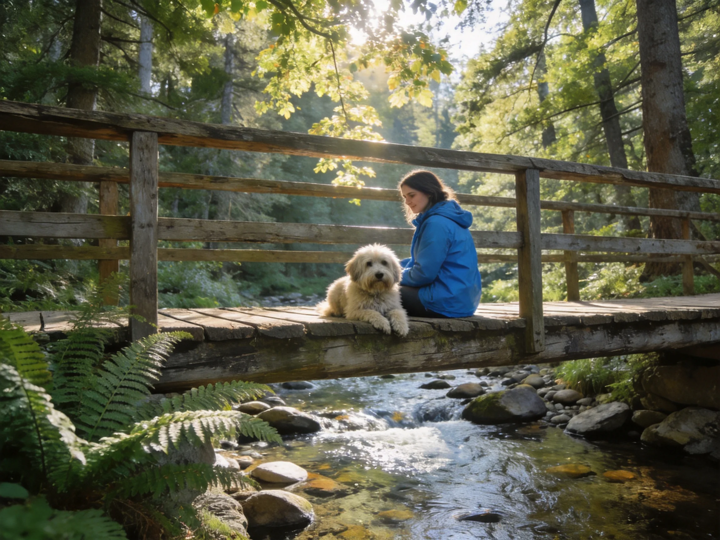 A woman in a blue hoodie sits on a wooden bridge with a white dog