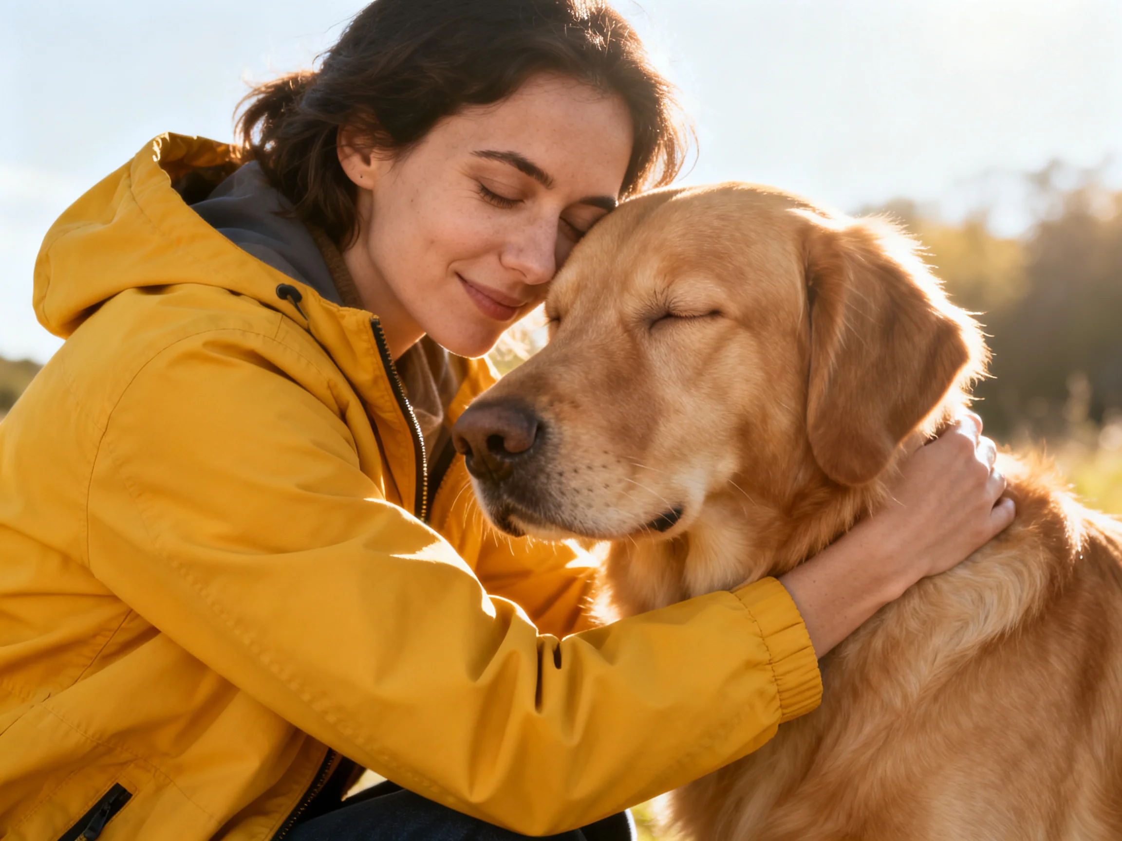 A woman hugs a golden retriever in a sunlit outdoor setting.