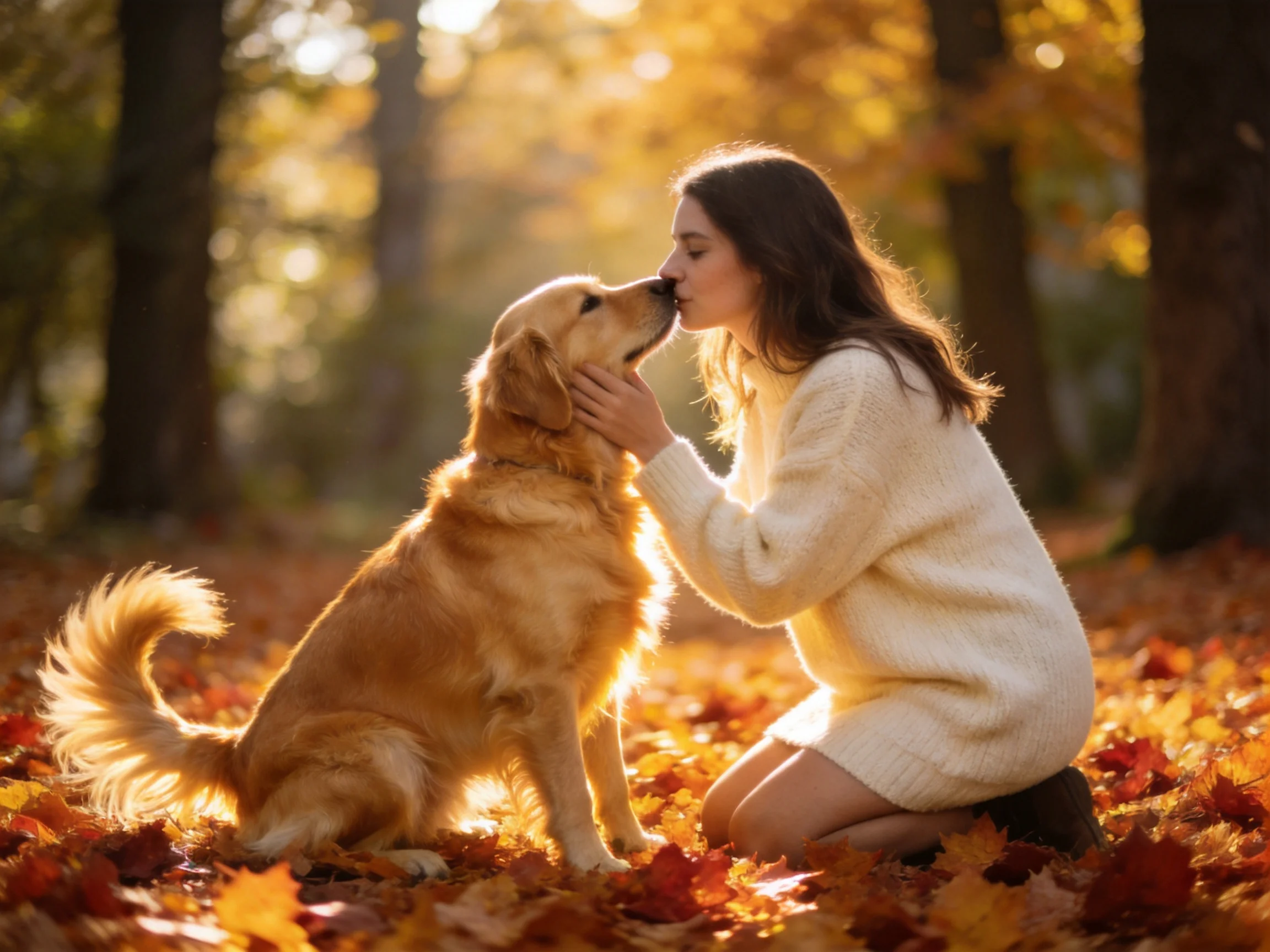 A woman in a cream sweater kisses a golden retriever amid autumn foliage