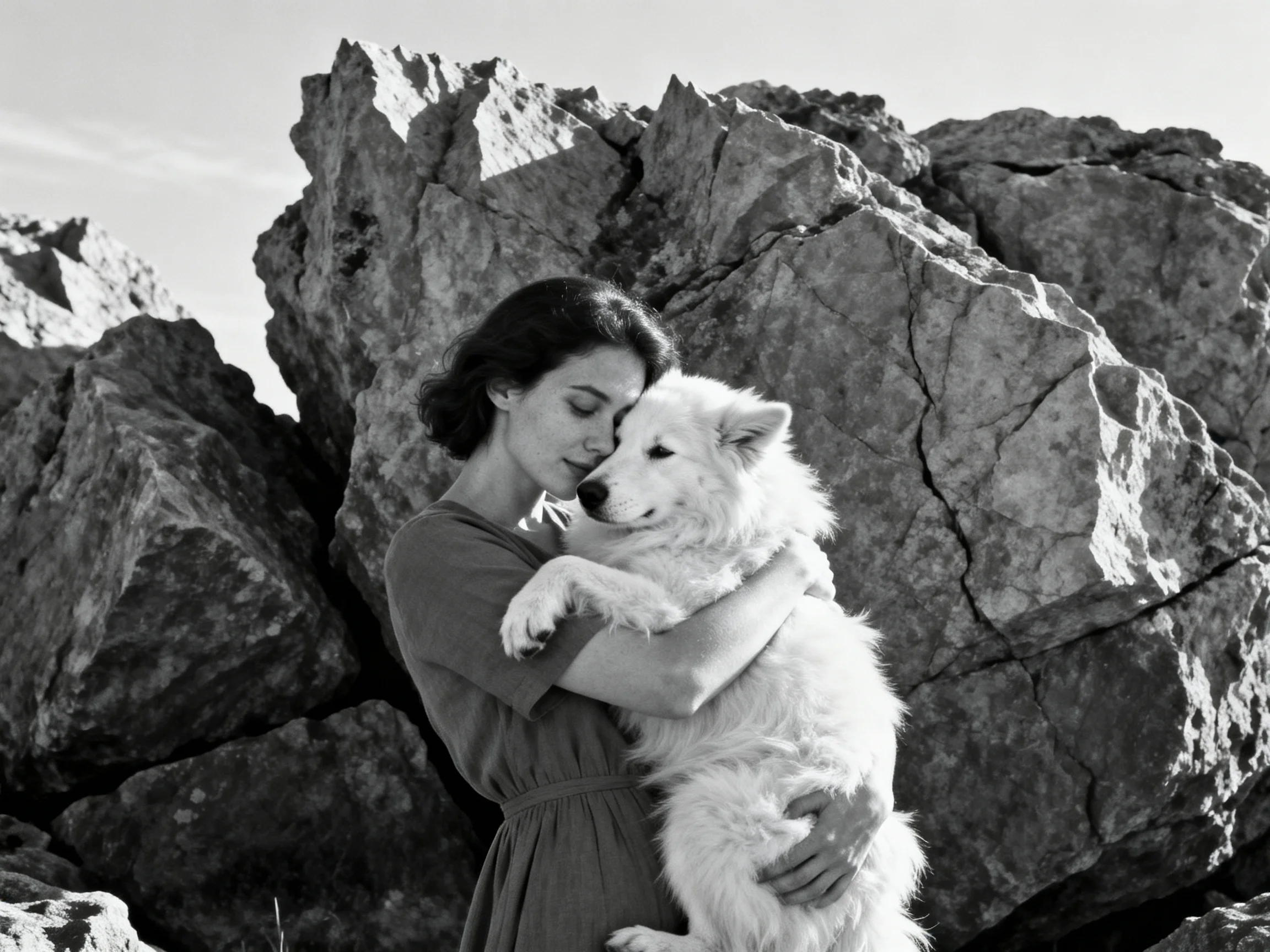 A woman in a dress holding a large white dog near jagged rocks