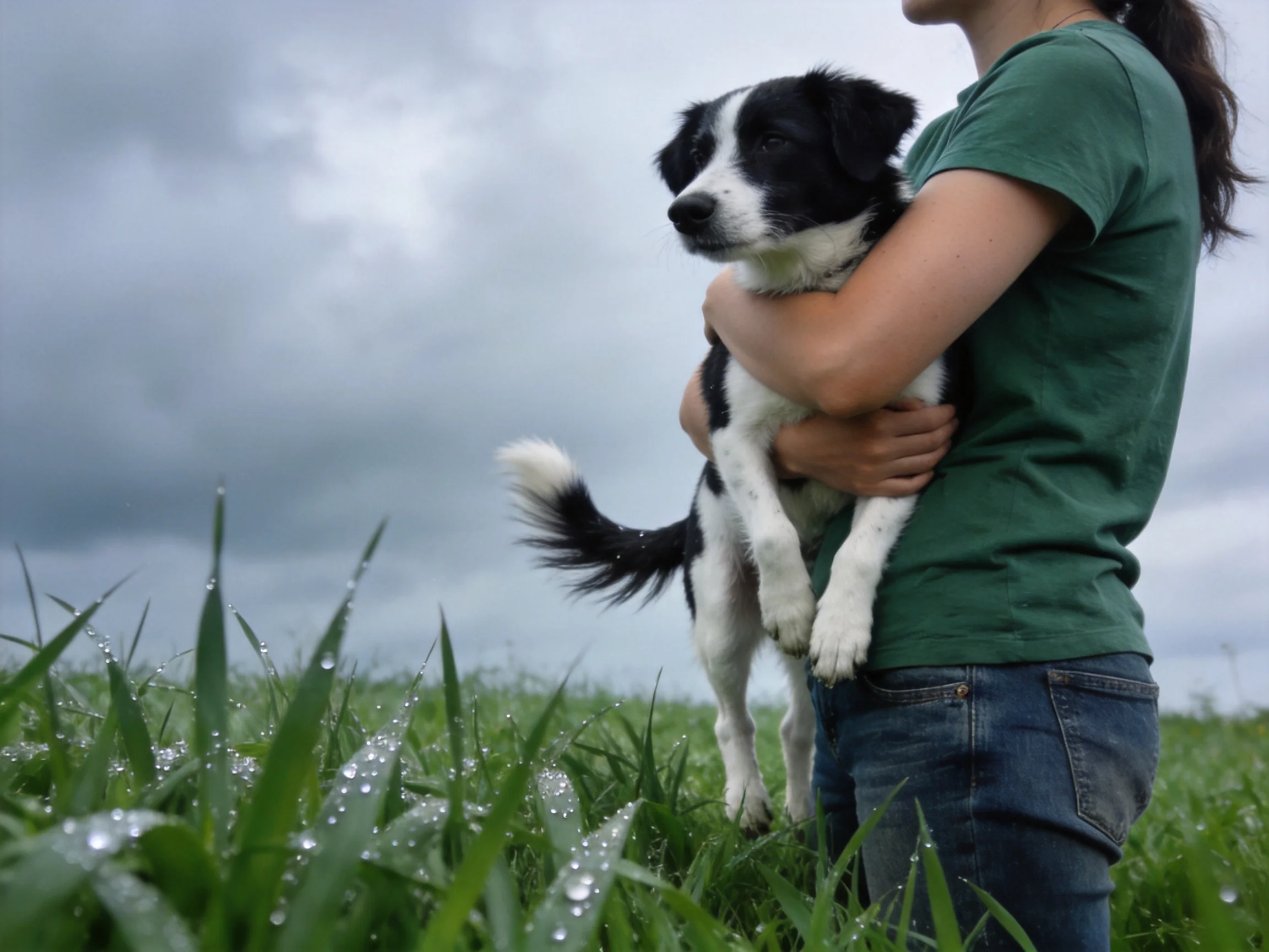 A woman in a green shirt holds a black - white dog amid dewy grass under a cloudy sky
