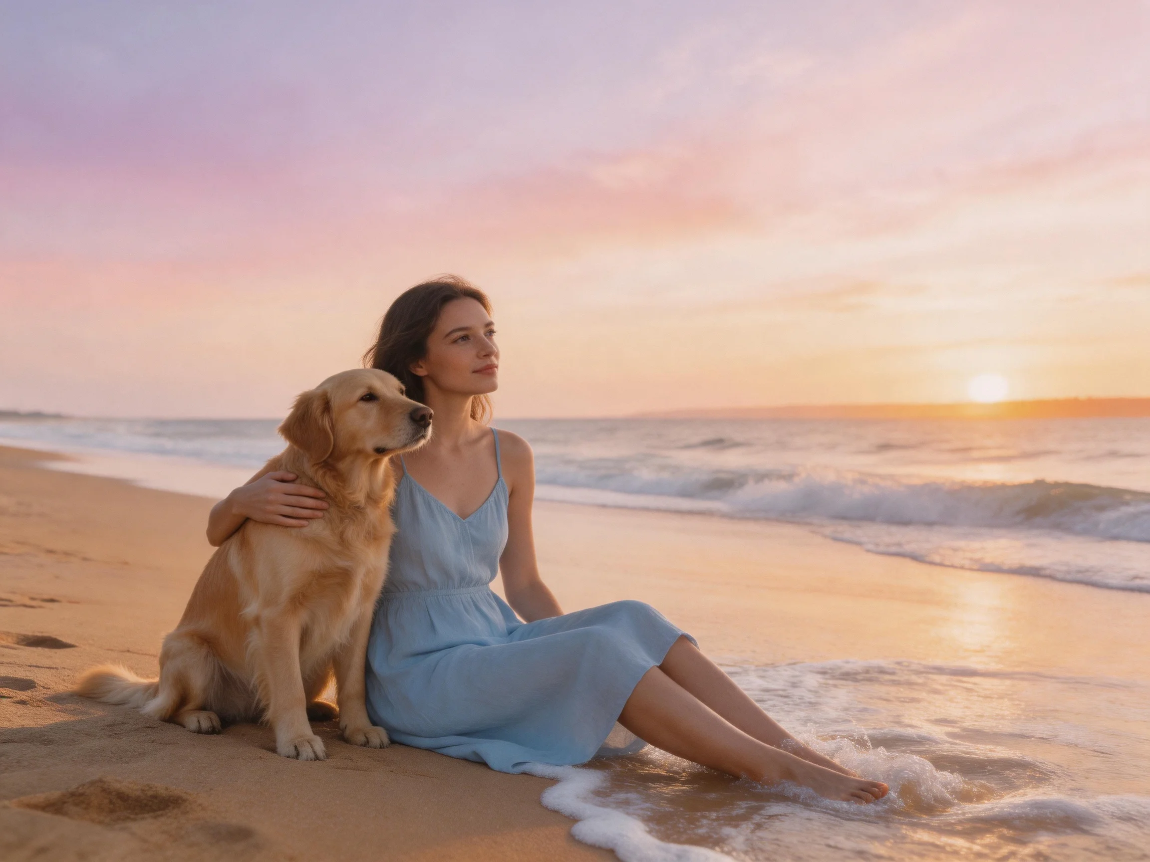 A woman and her golden retriever relax on a sandy beach during sunset