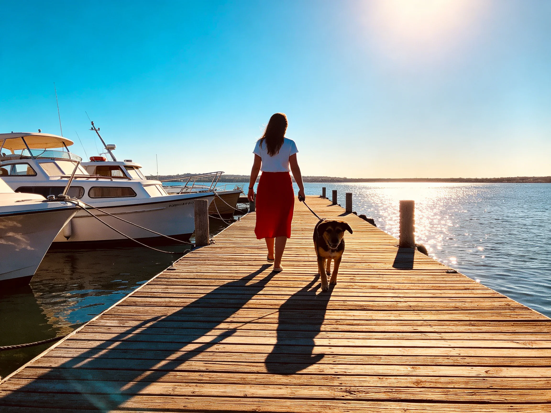 A woman walks her dog on a wooden pier next to boats under sunny skies.