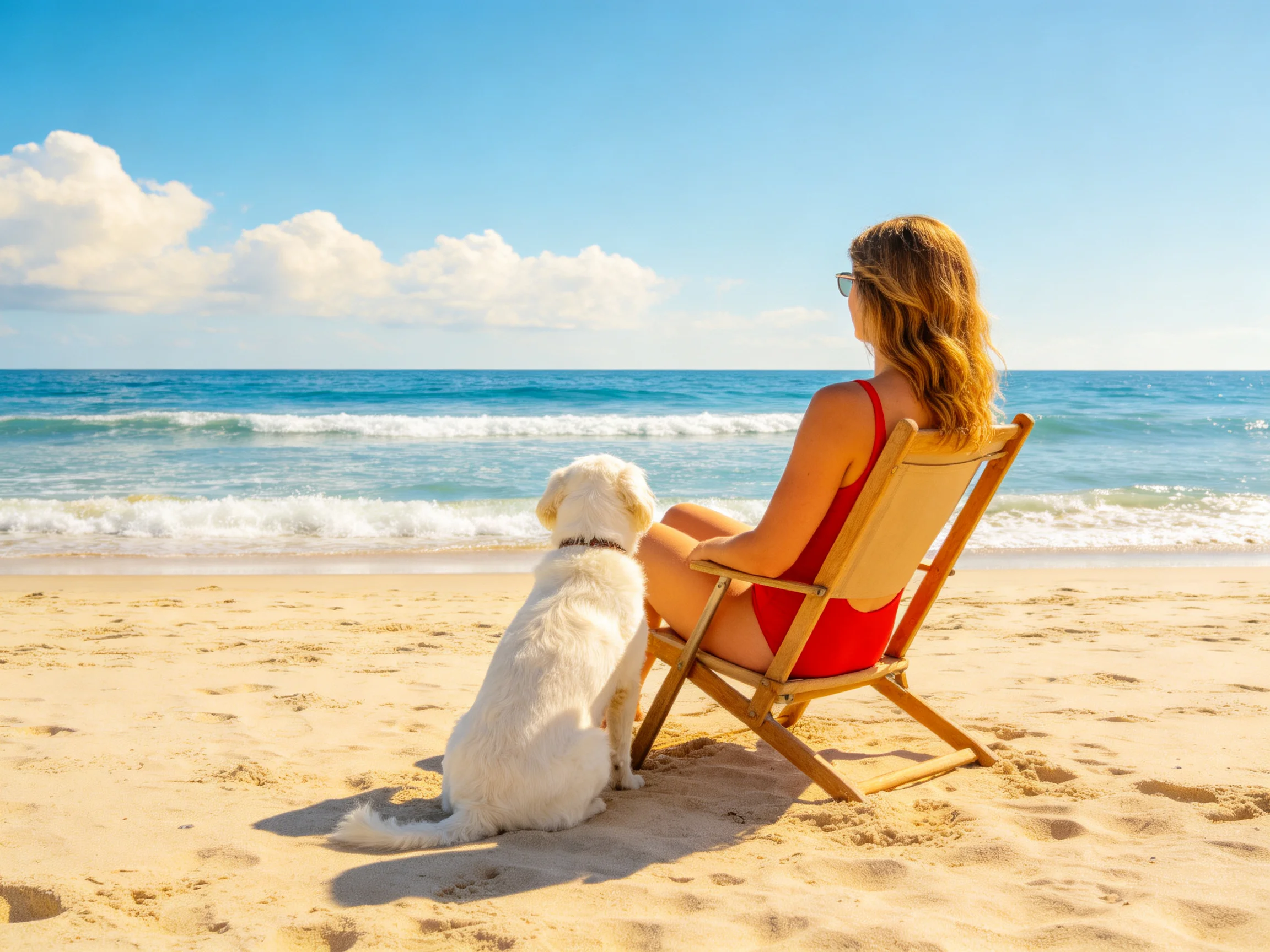 A woman and her white dog relax together on a sunny beach by the ocean.