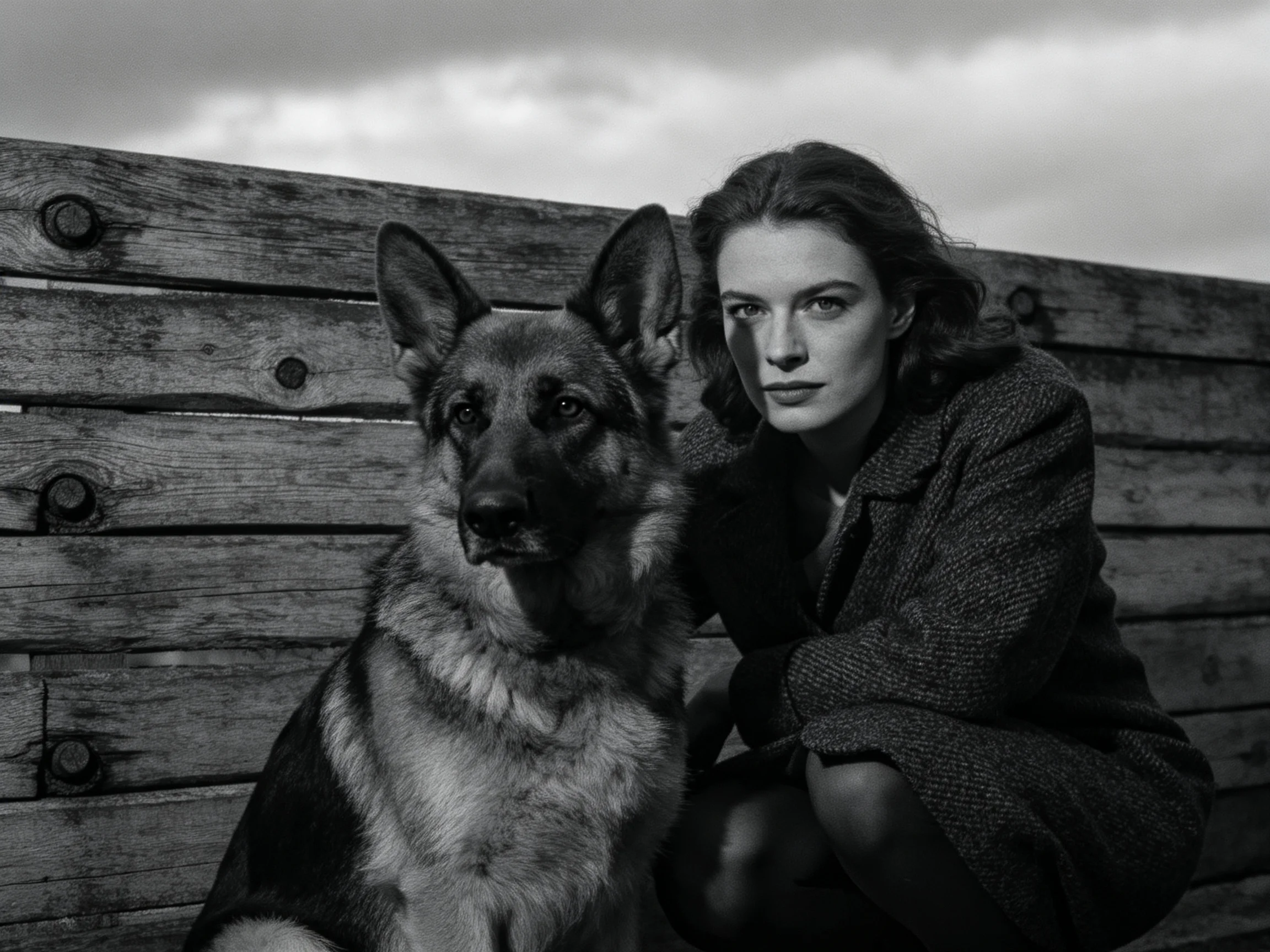 A woman in a textured coat sits beside a German Shepherd near a weathered wooden fence