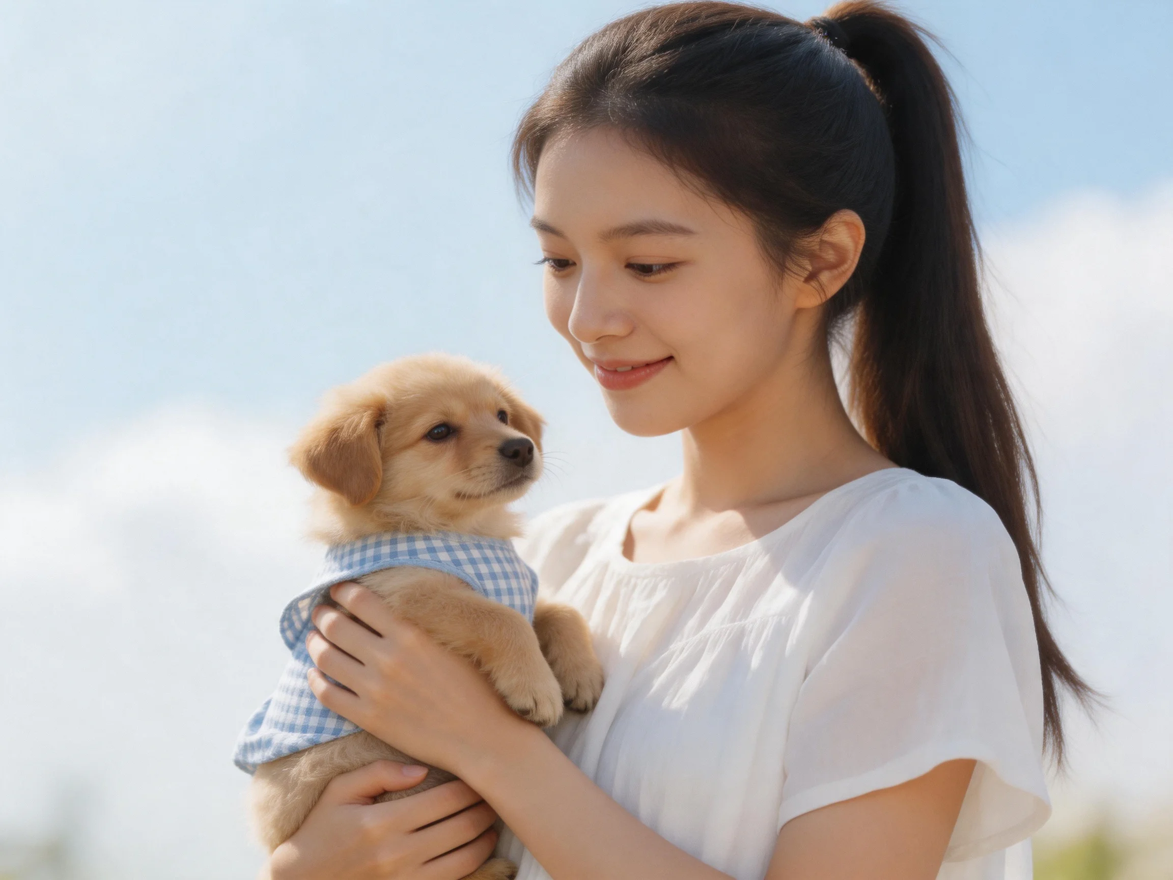 A woman gently holds a small tan puppy dressed in a blue checkered shirt in an outdoor setting