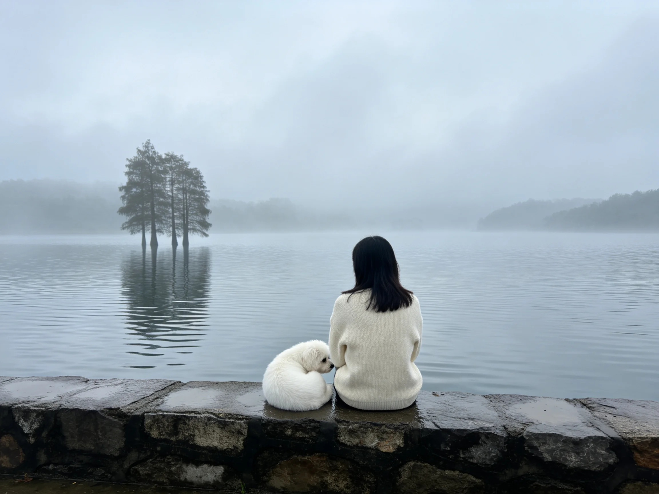 A woman in a white sweater sits beside a white dog by a misty lake with three trees