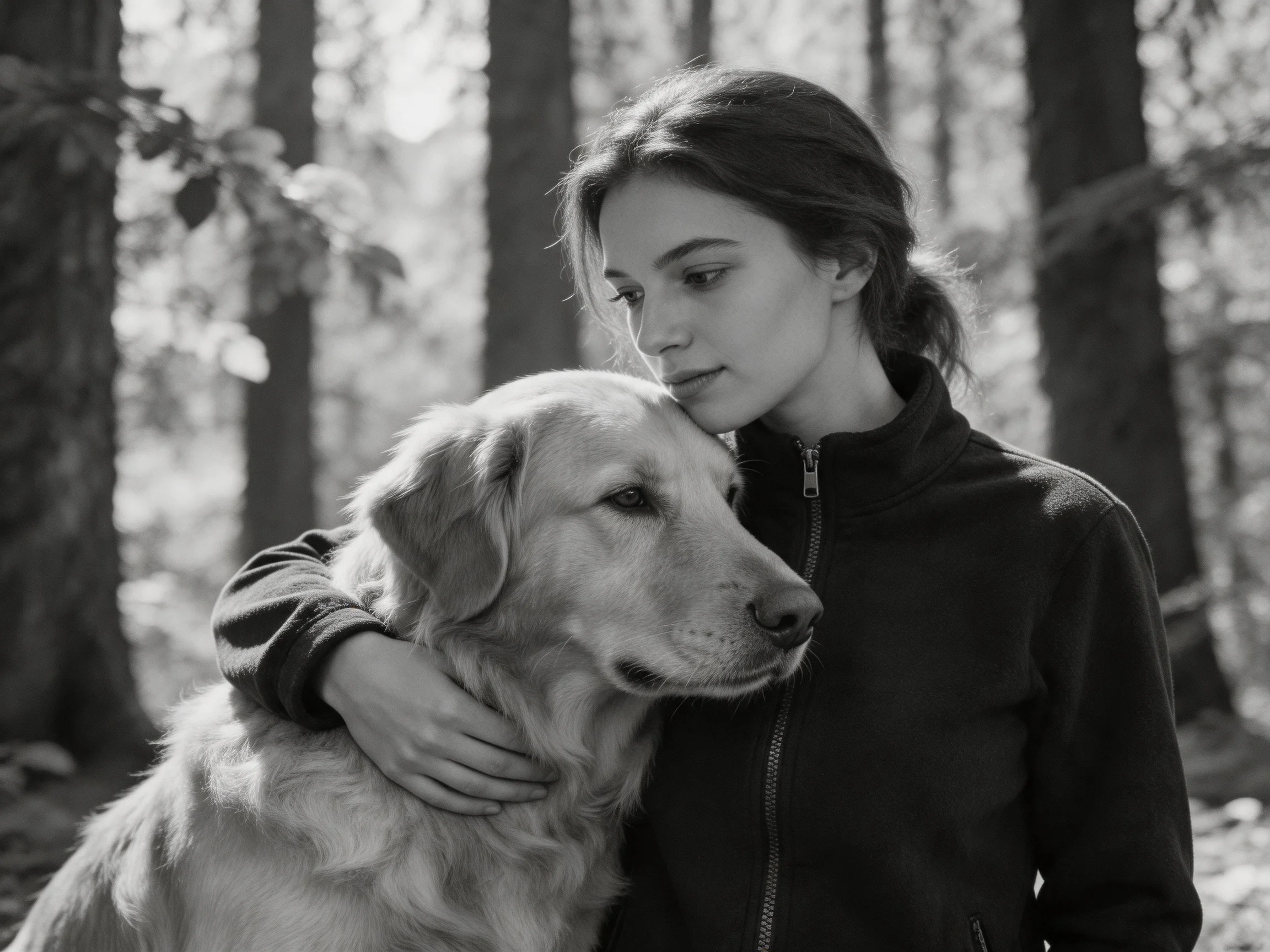 A woman in dark clothing hugs a golden retriever in a sunlit forest