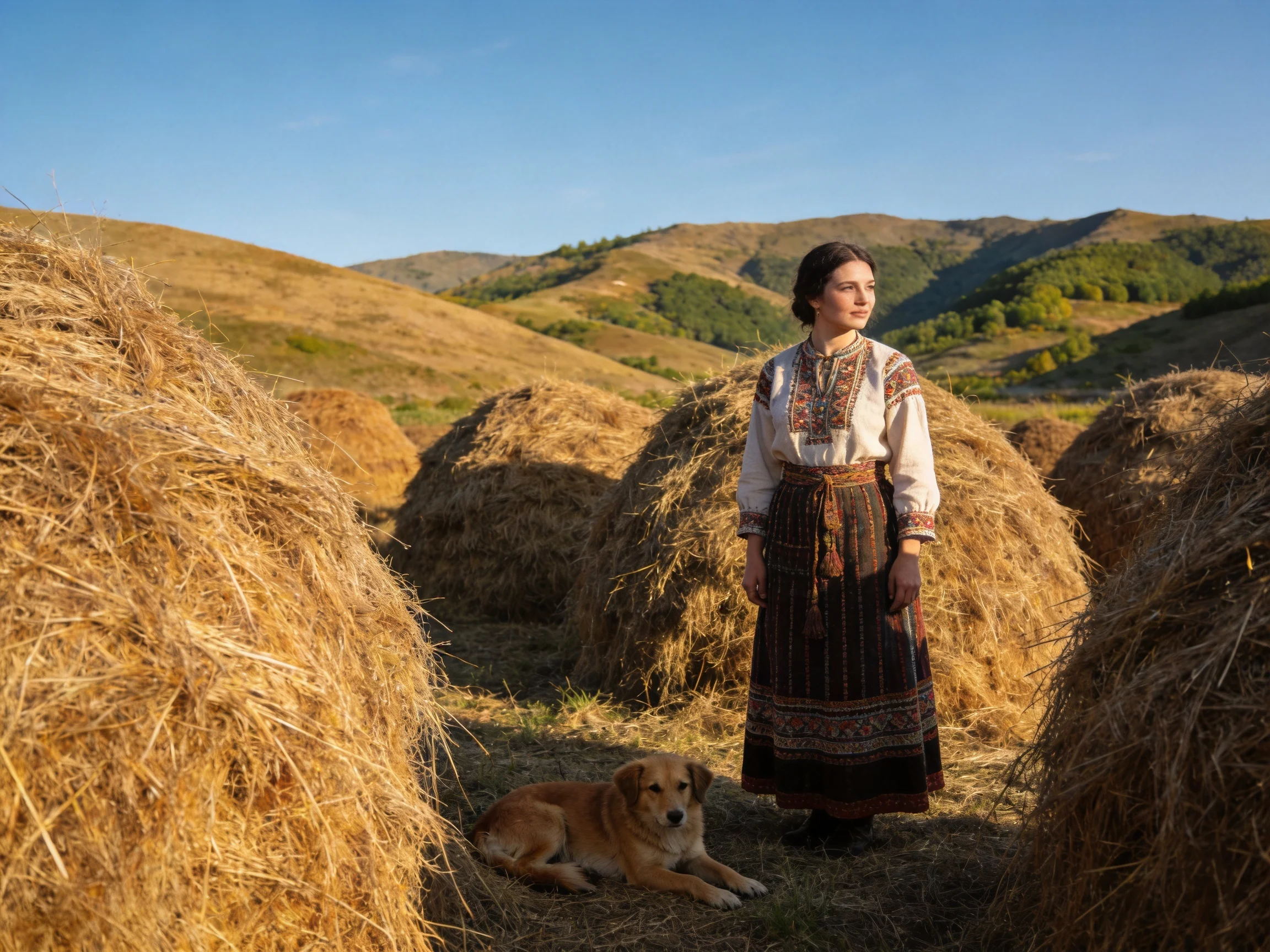 A woman in folk attire stands among golden hay bales near a resting dog