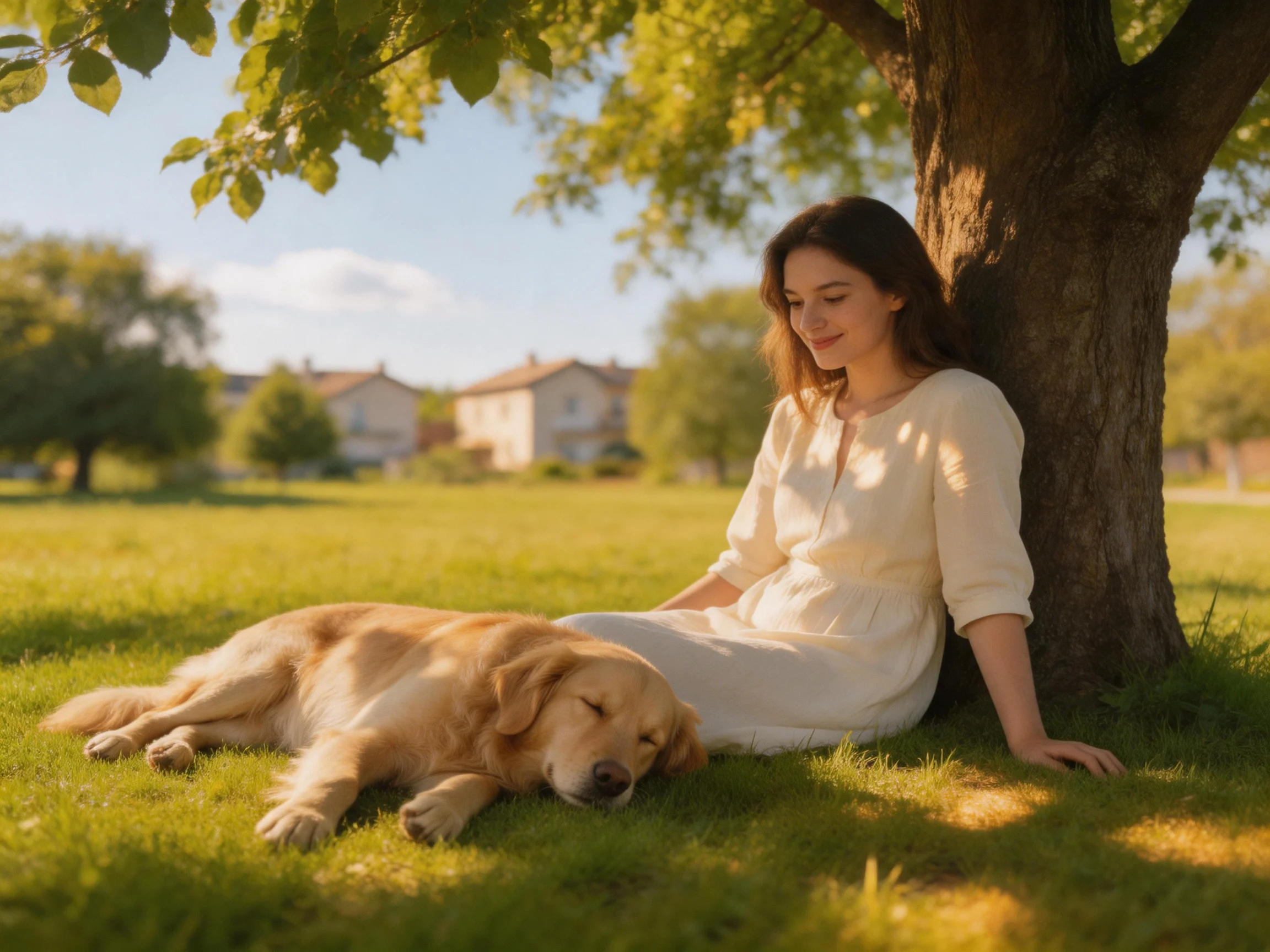 A woman in white relaxes beside a tree with her golden retriever sleeping in a sunny park.