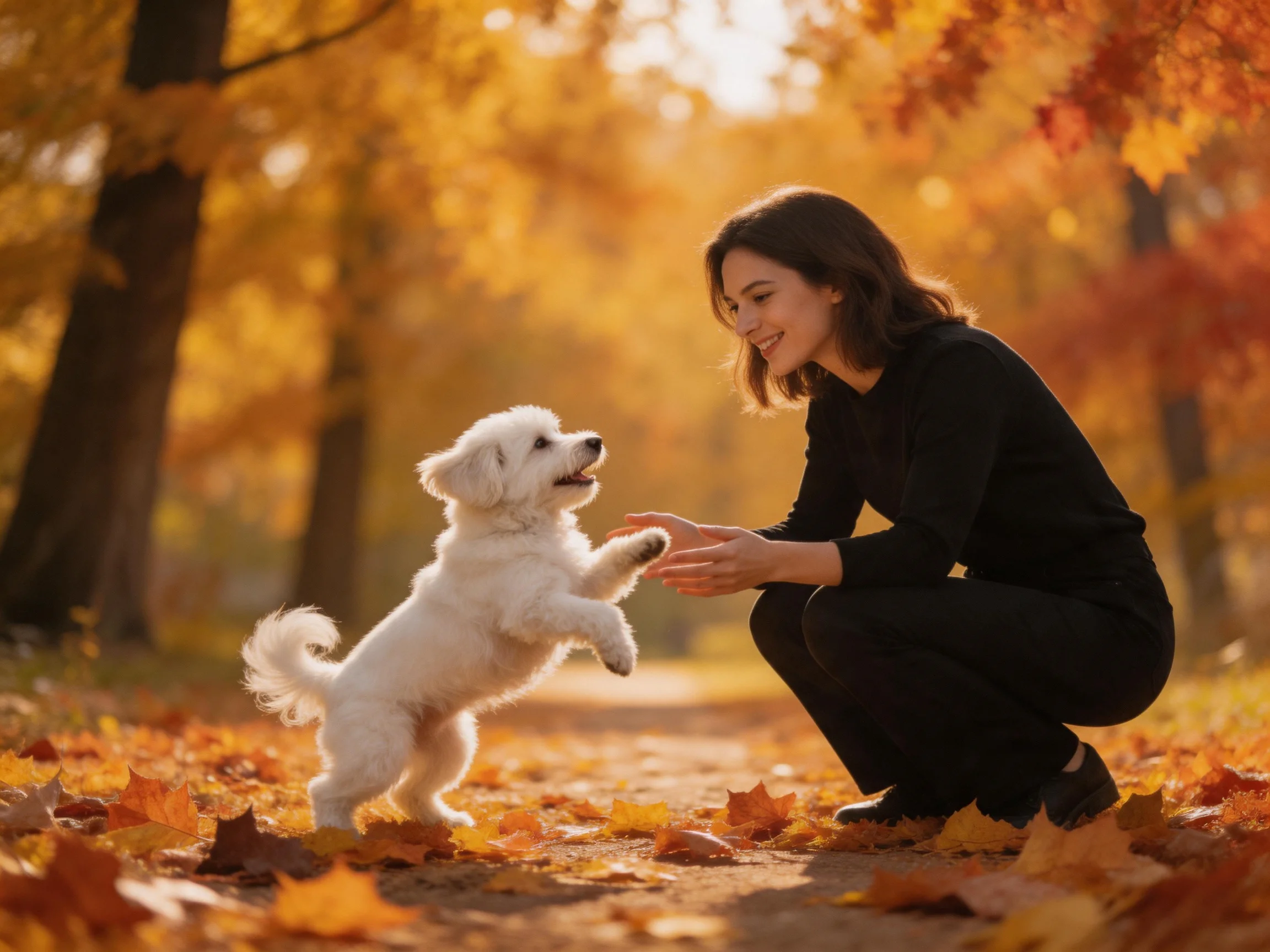 A woman interacts with a white puppy amid golden autumn foliage