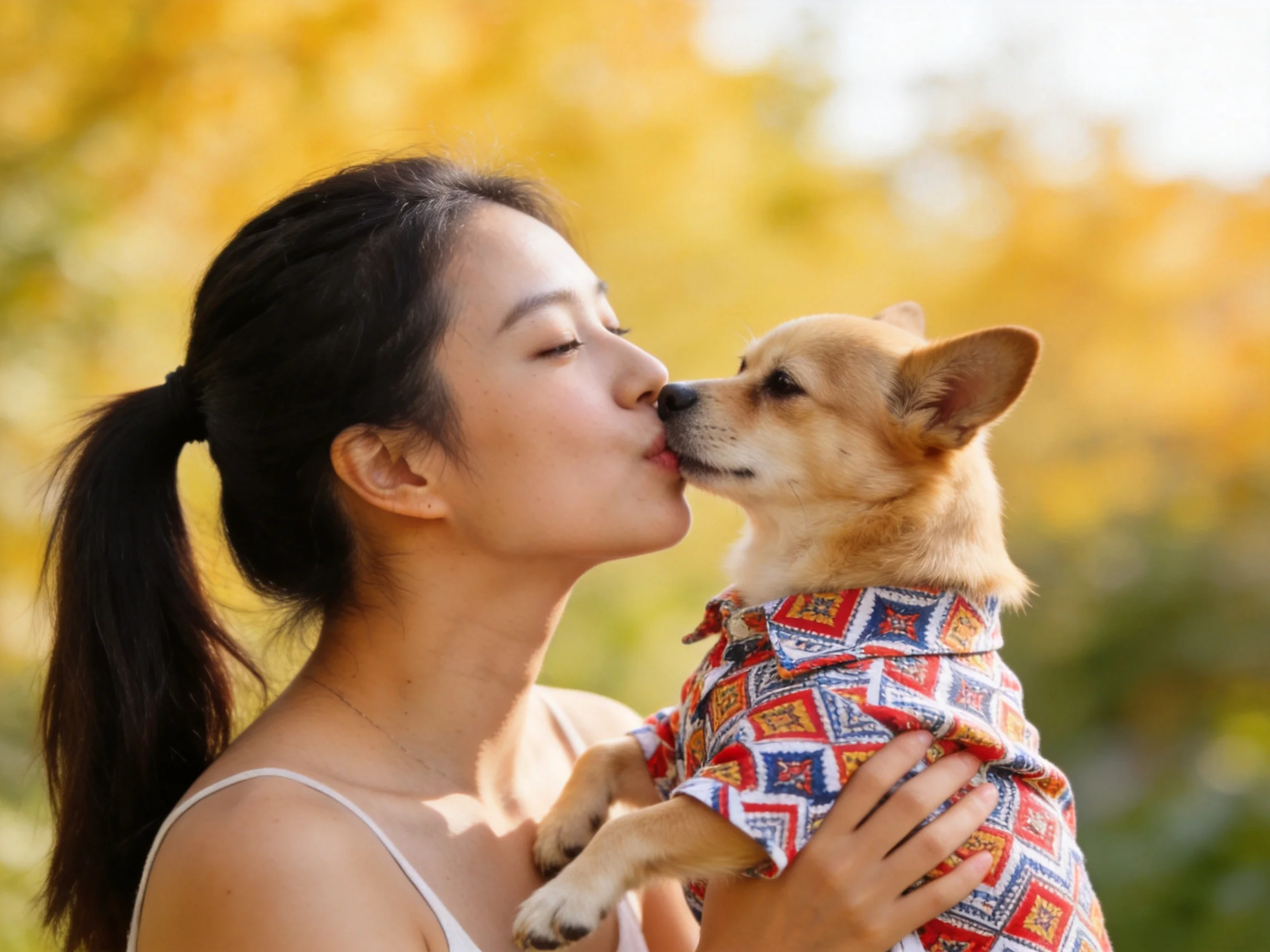 A woman kisses a small tan dog in a colorful patterned shirt amid golden foliage