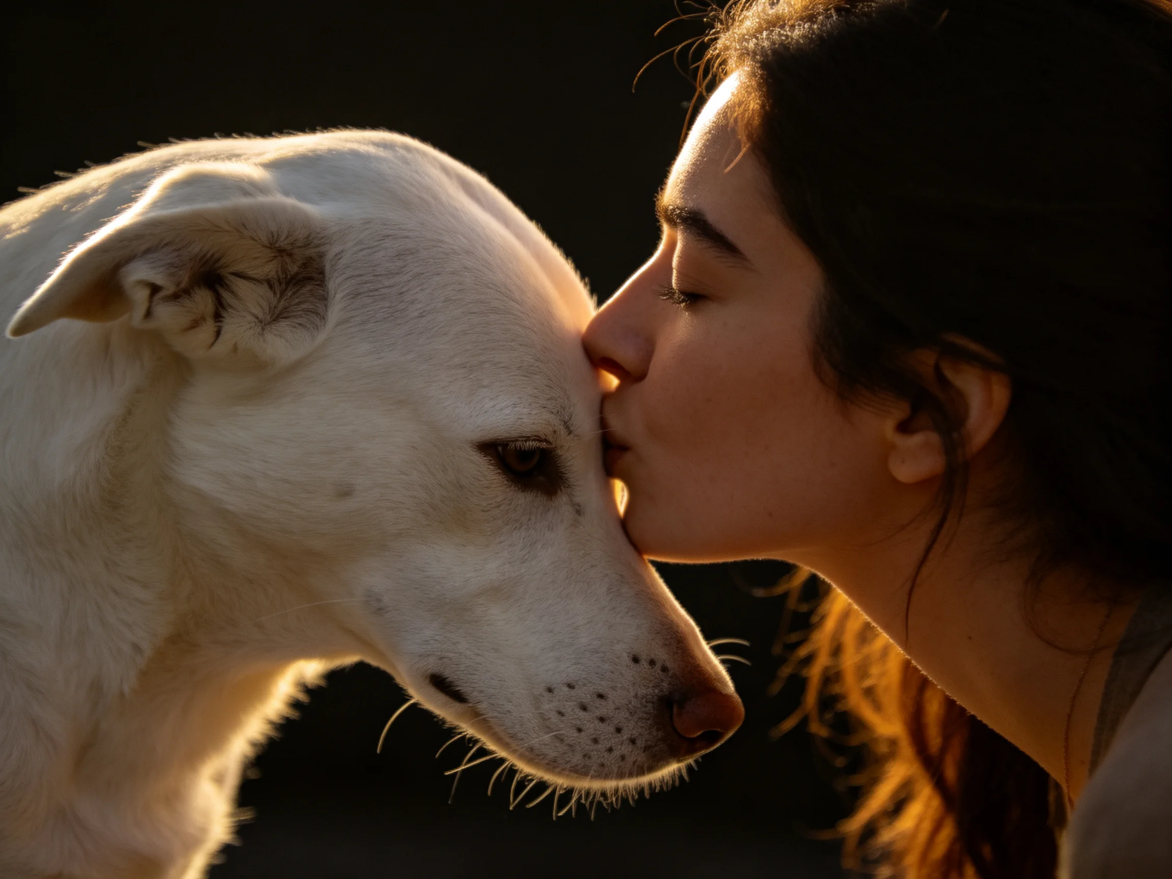 A woman kisses a white dog bathed in golden evening light