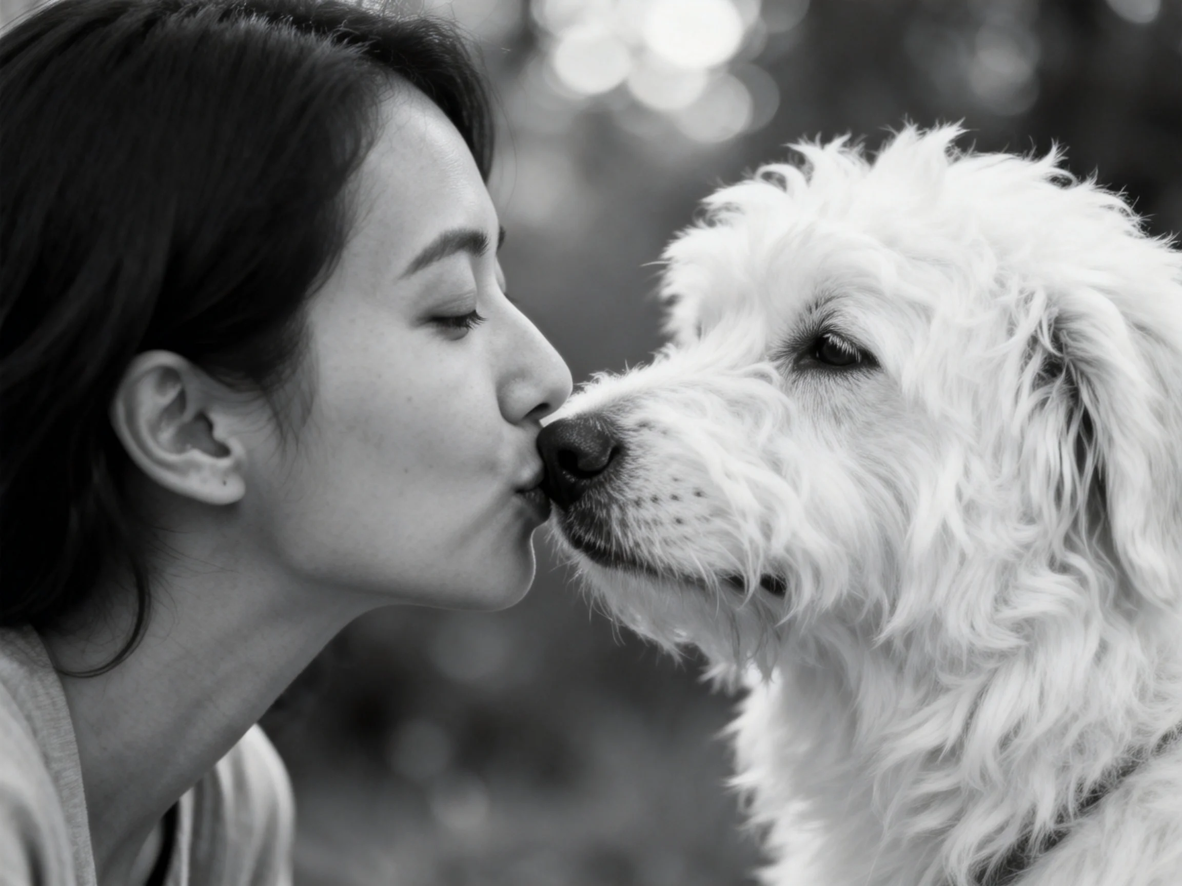 A woman kissing a fluffy white dog in a monochrome outdoor scene