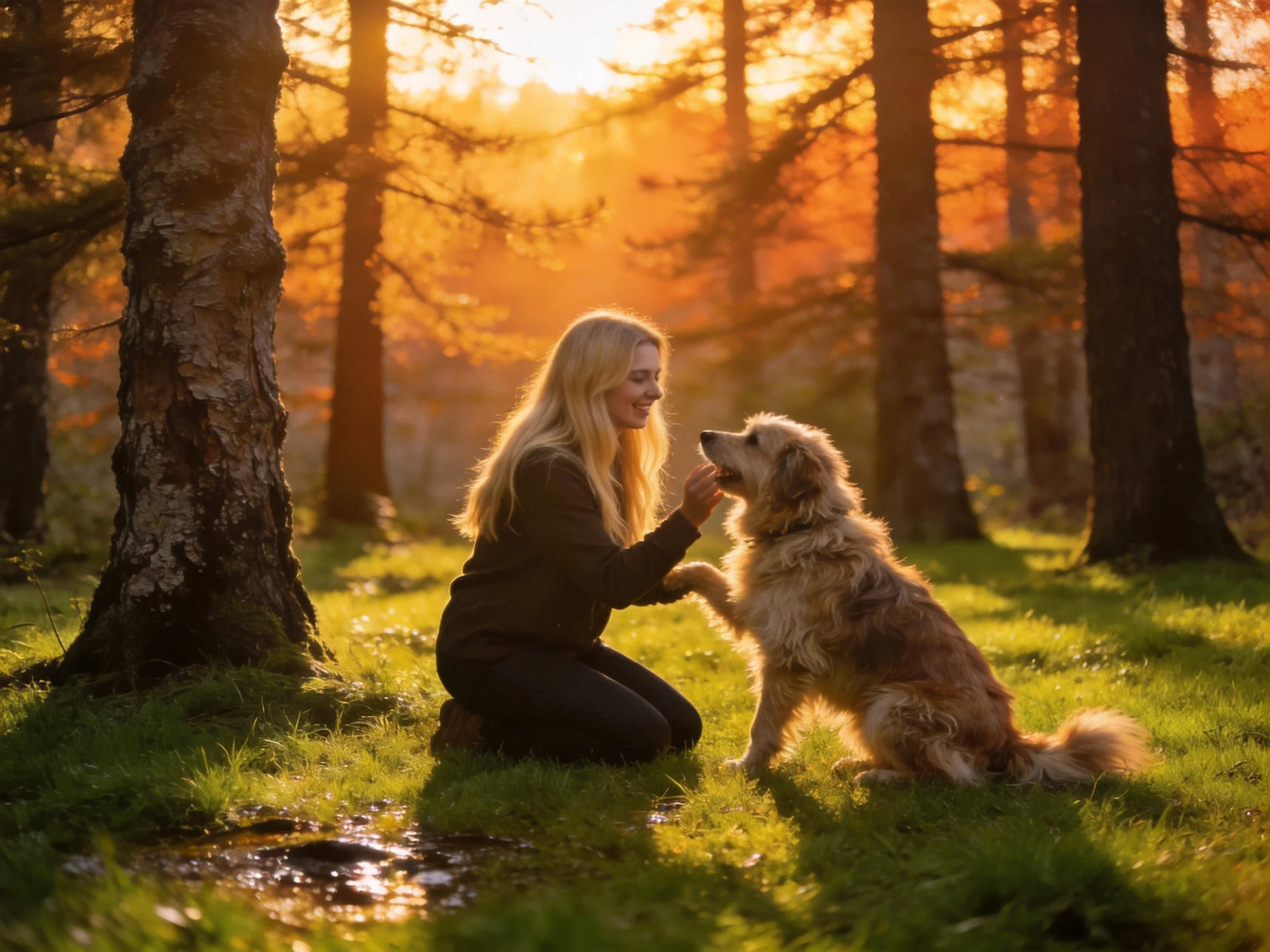 A woman feeds a golden retriever in a sunlit forest clearing.