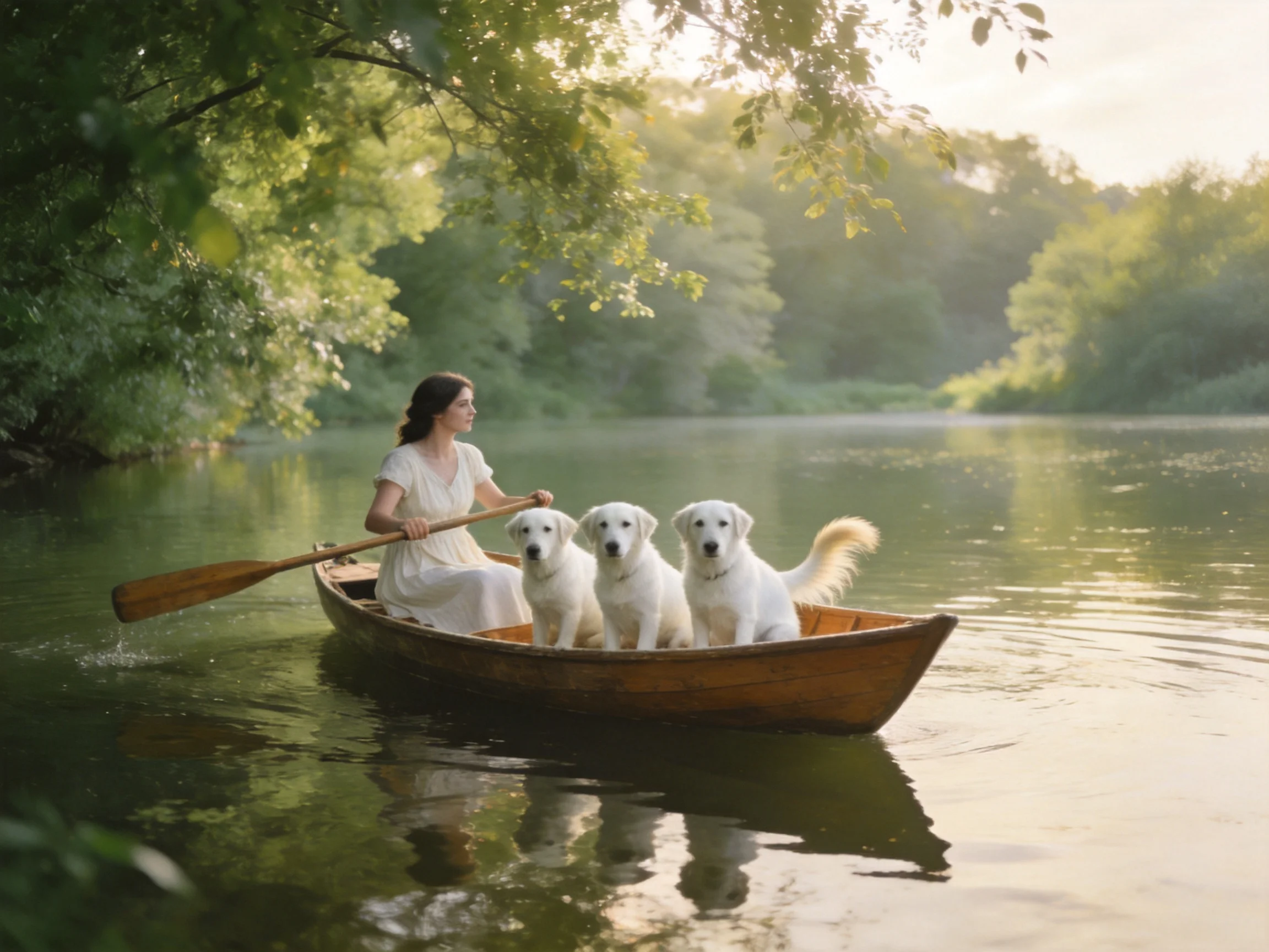 A woman rows a boat with three golden retrievers on a peaceful river