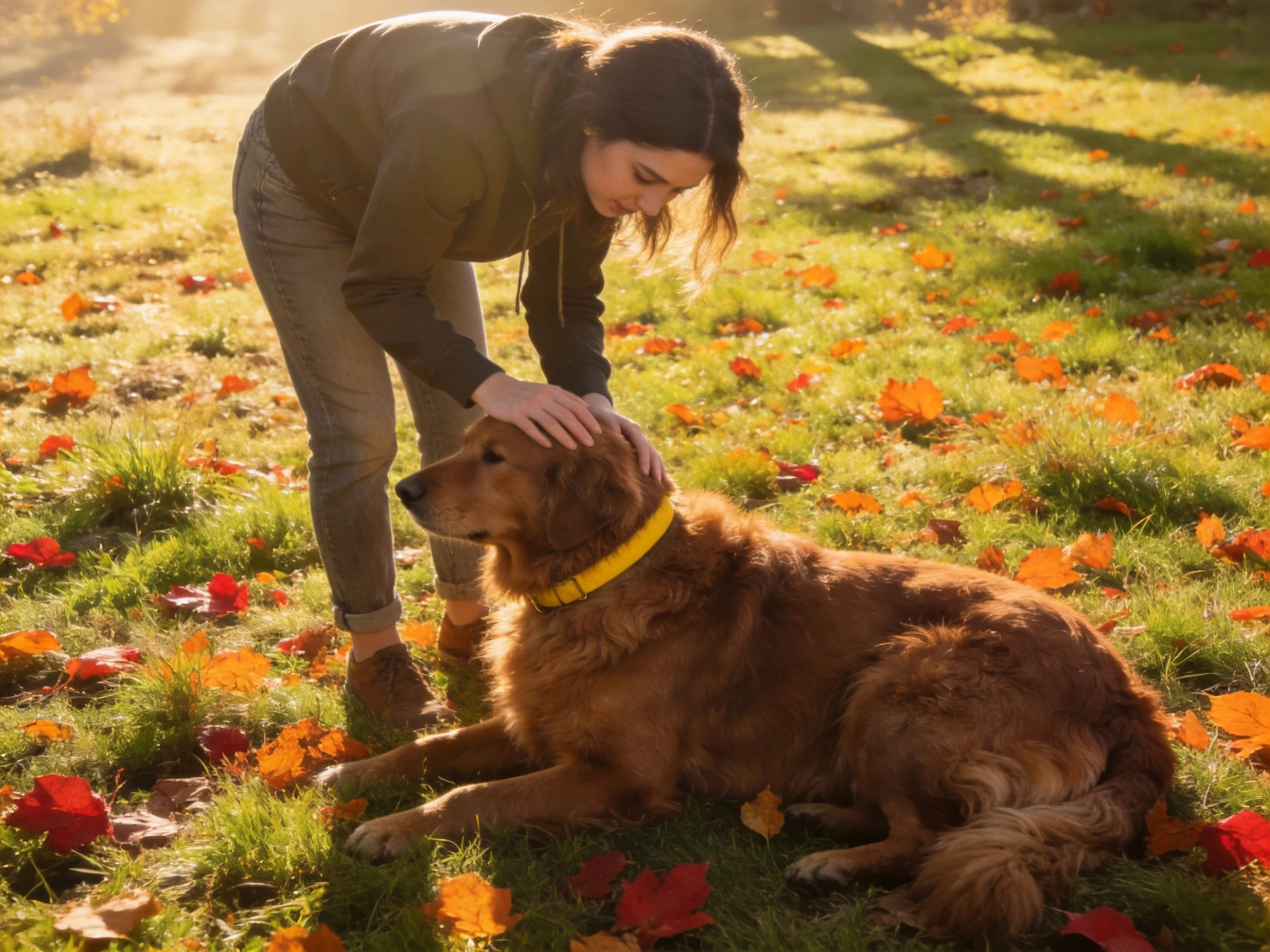 A woman pets a golden retriever among autumn leaves in a sunlit area.