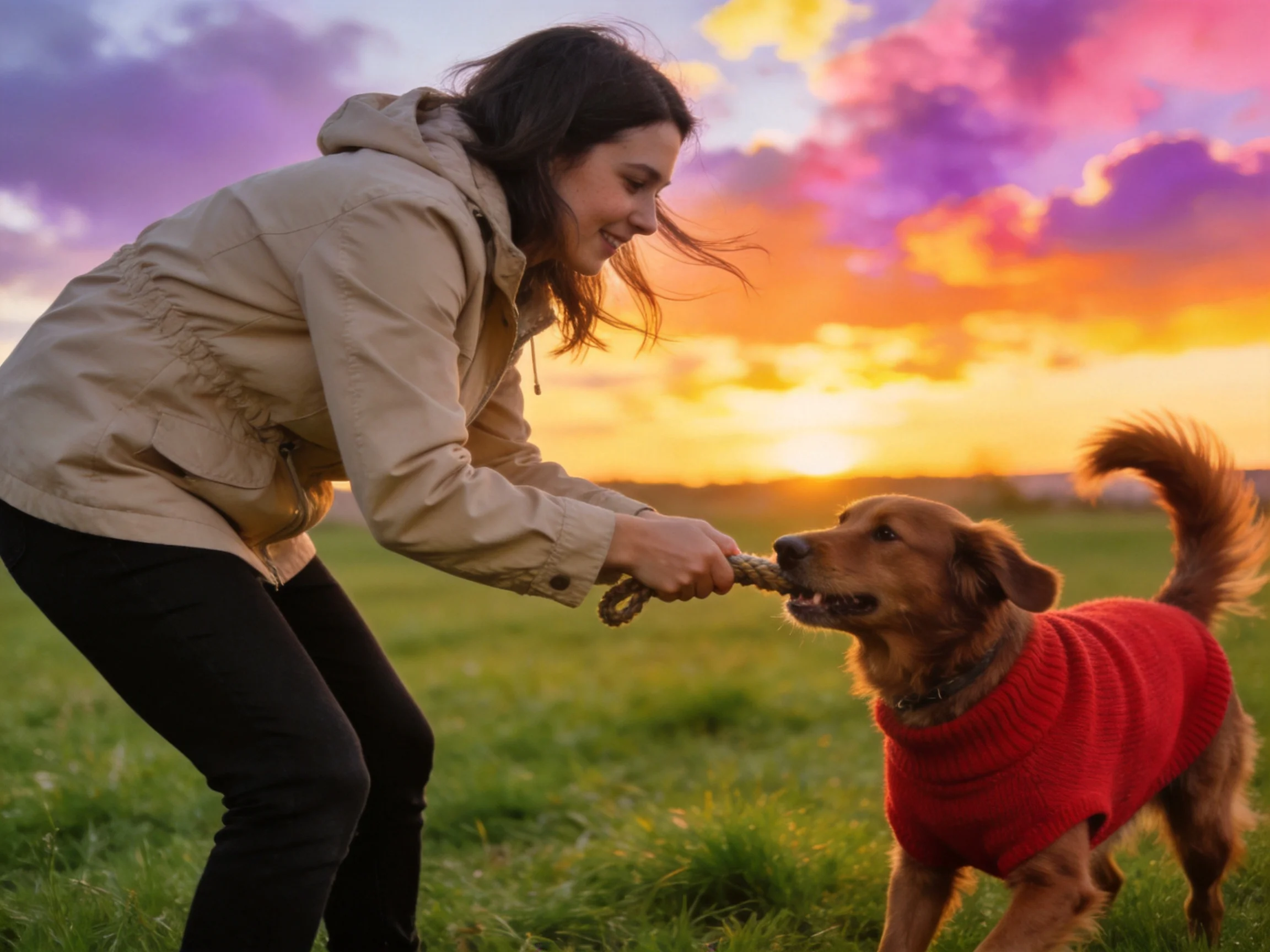 A woman plays tug-of-war with a brown dog wearing a red sweater under a vibrant sunset