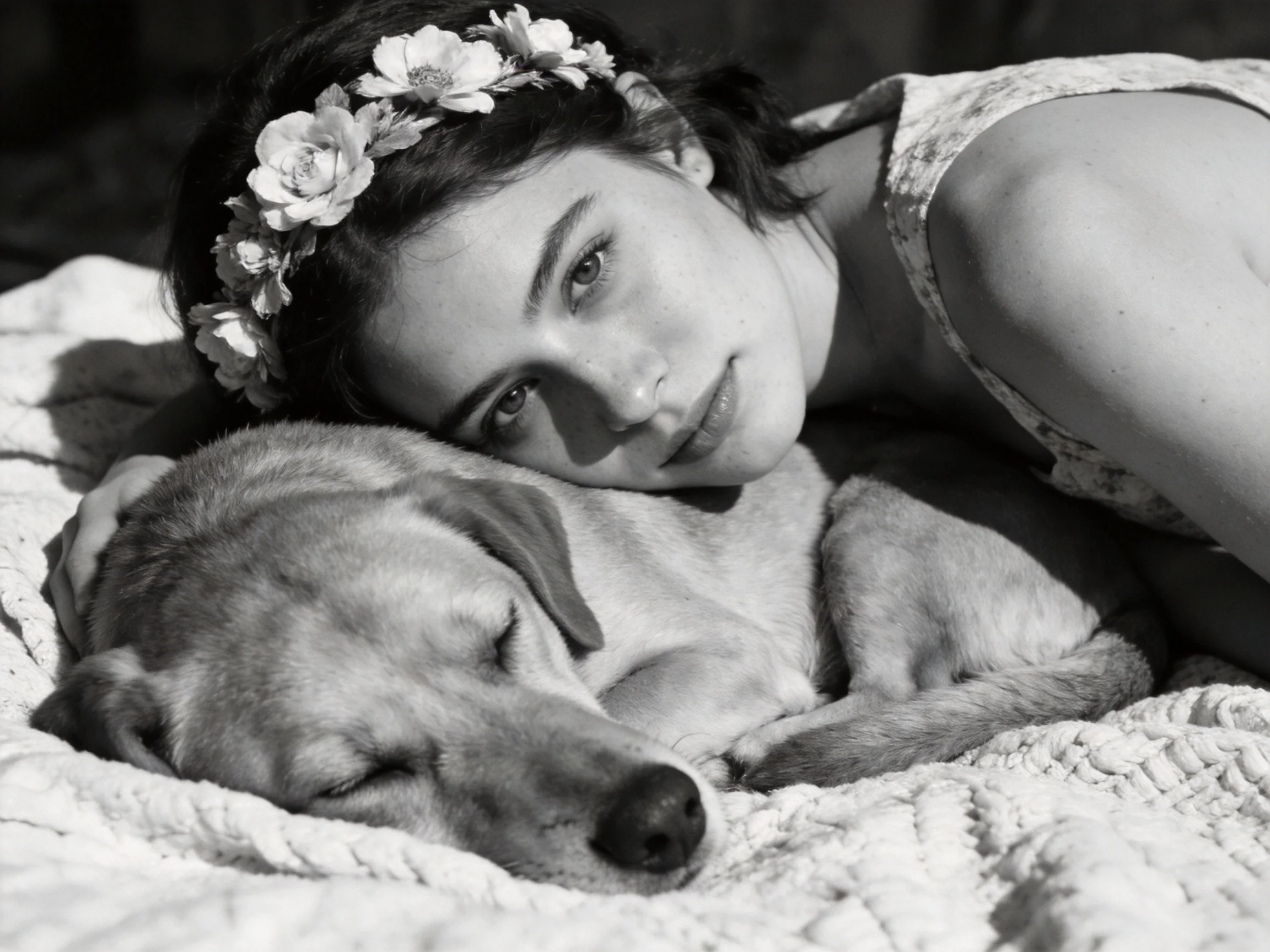 A woman with a floral headband cuddles a sleeping dog on a textured blanket