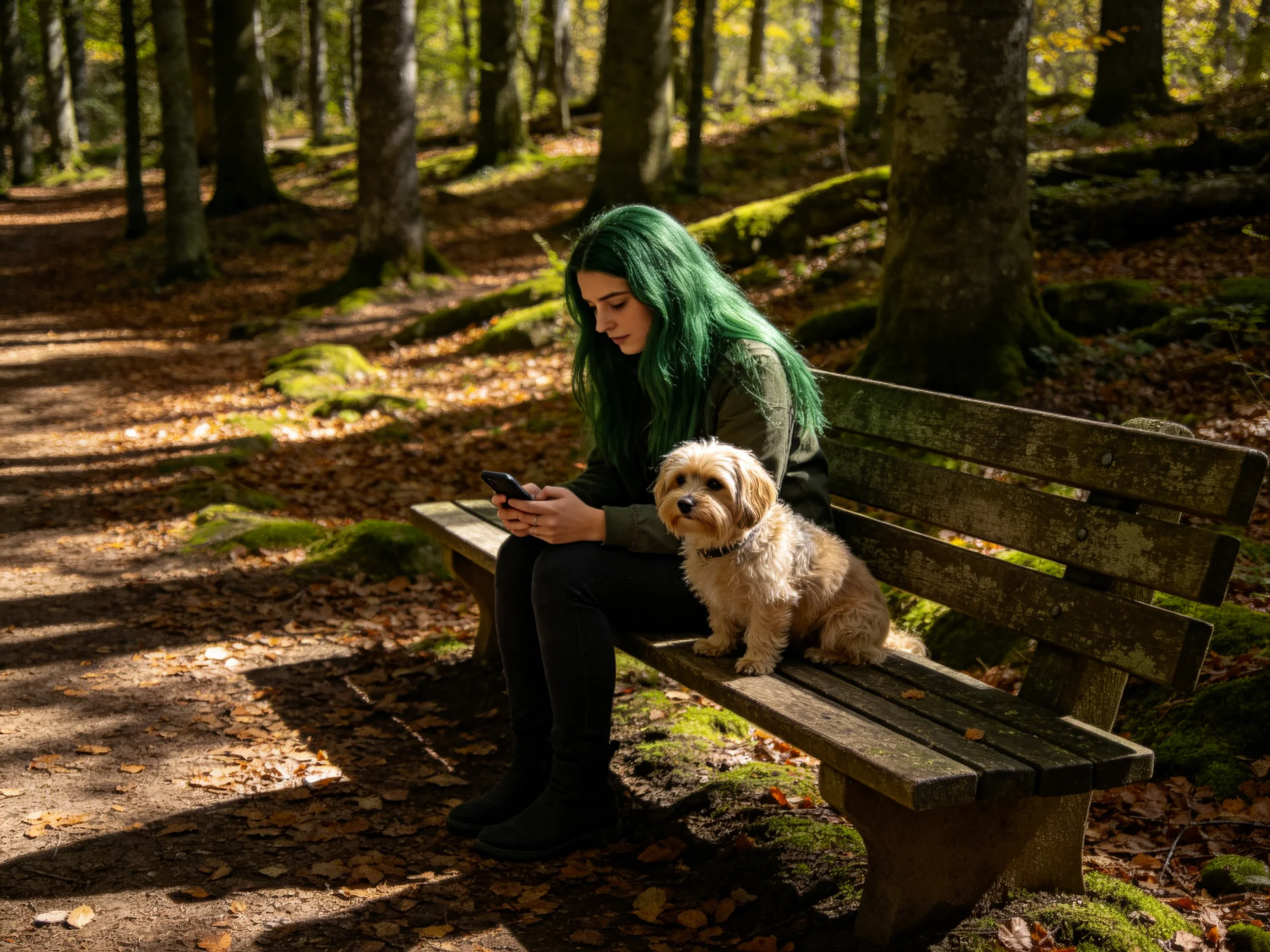 A woman with green hair sits on a mossy bench with her small dog in a sunlit forest