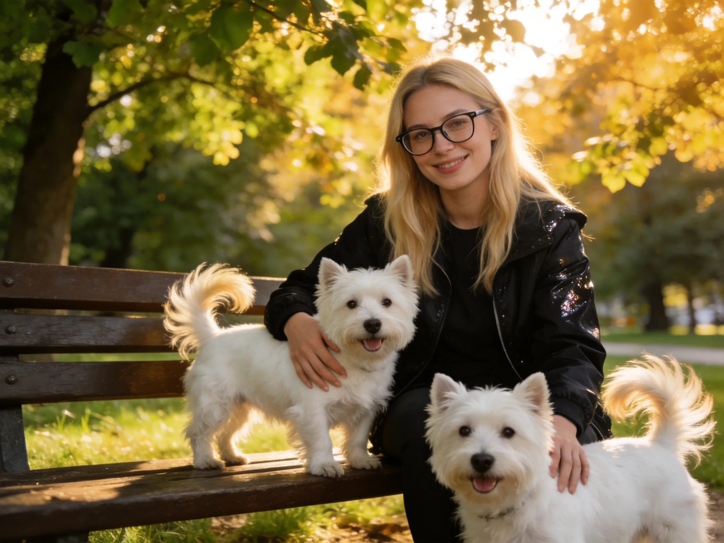 A woman with two white dogs on a wooden park bench