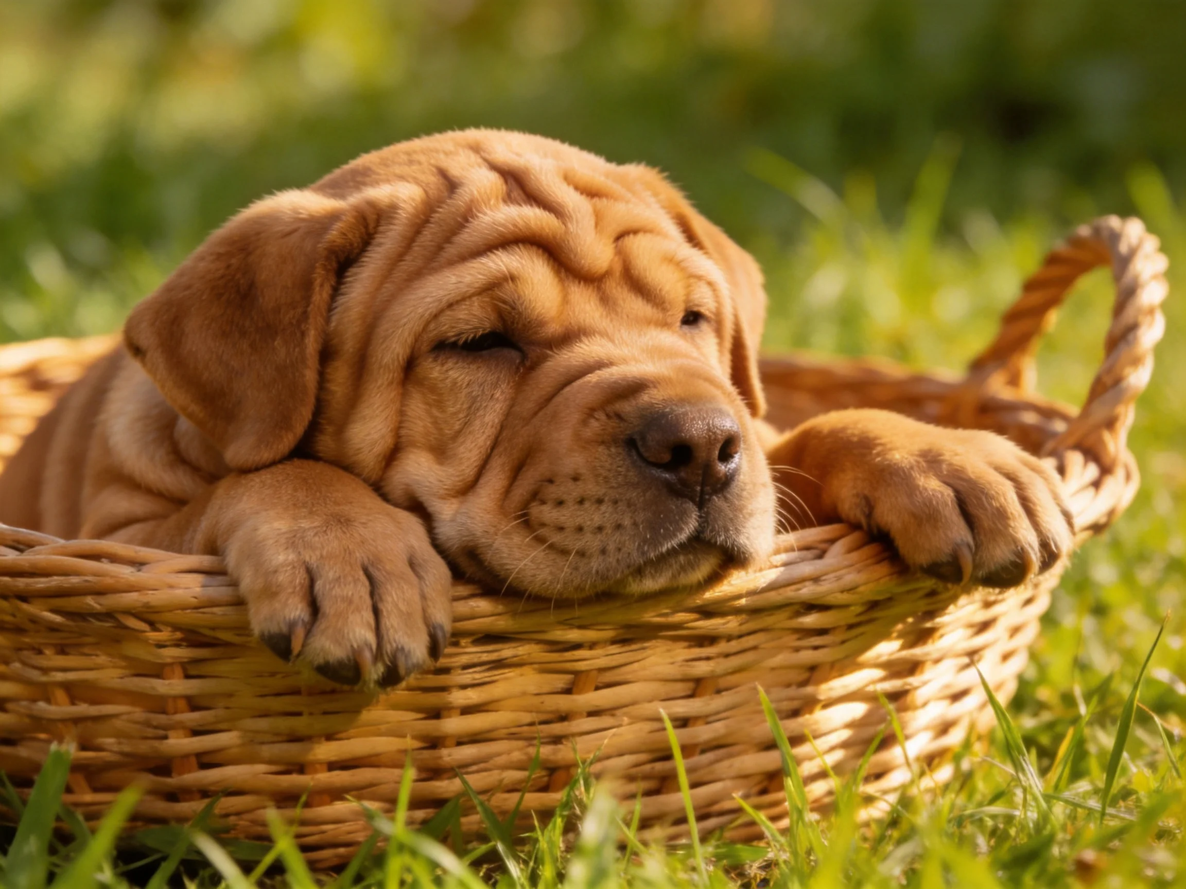 A wrinkled tan puppy rests in a woven wicker basket on grass