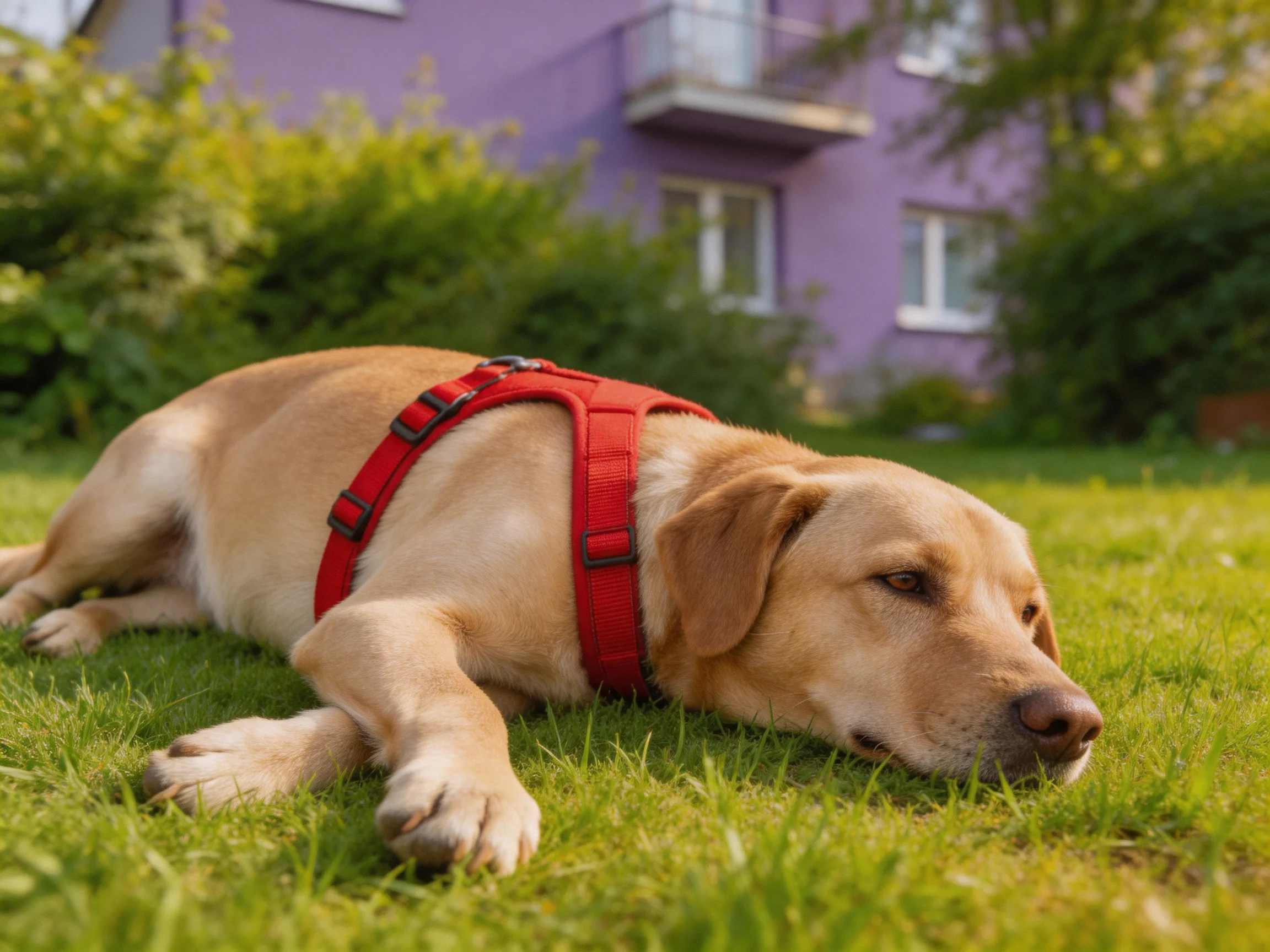 A yellow Labrador in a red harness rests on green grass near a purple building