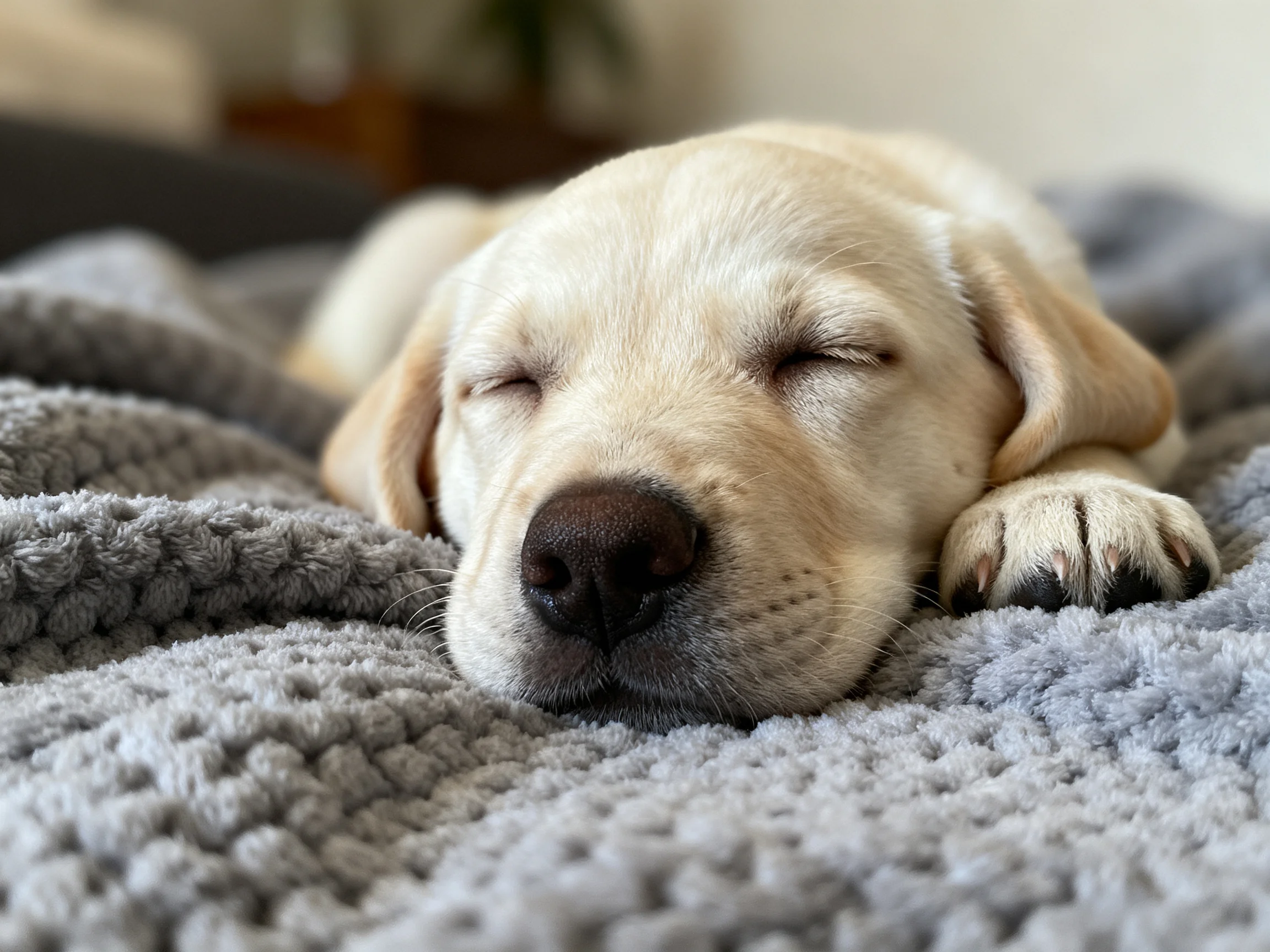 A yellow Labrador puppy sleeps on a soft gray blanket.