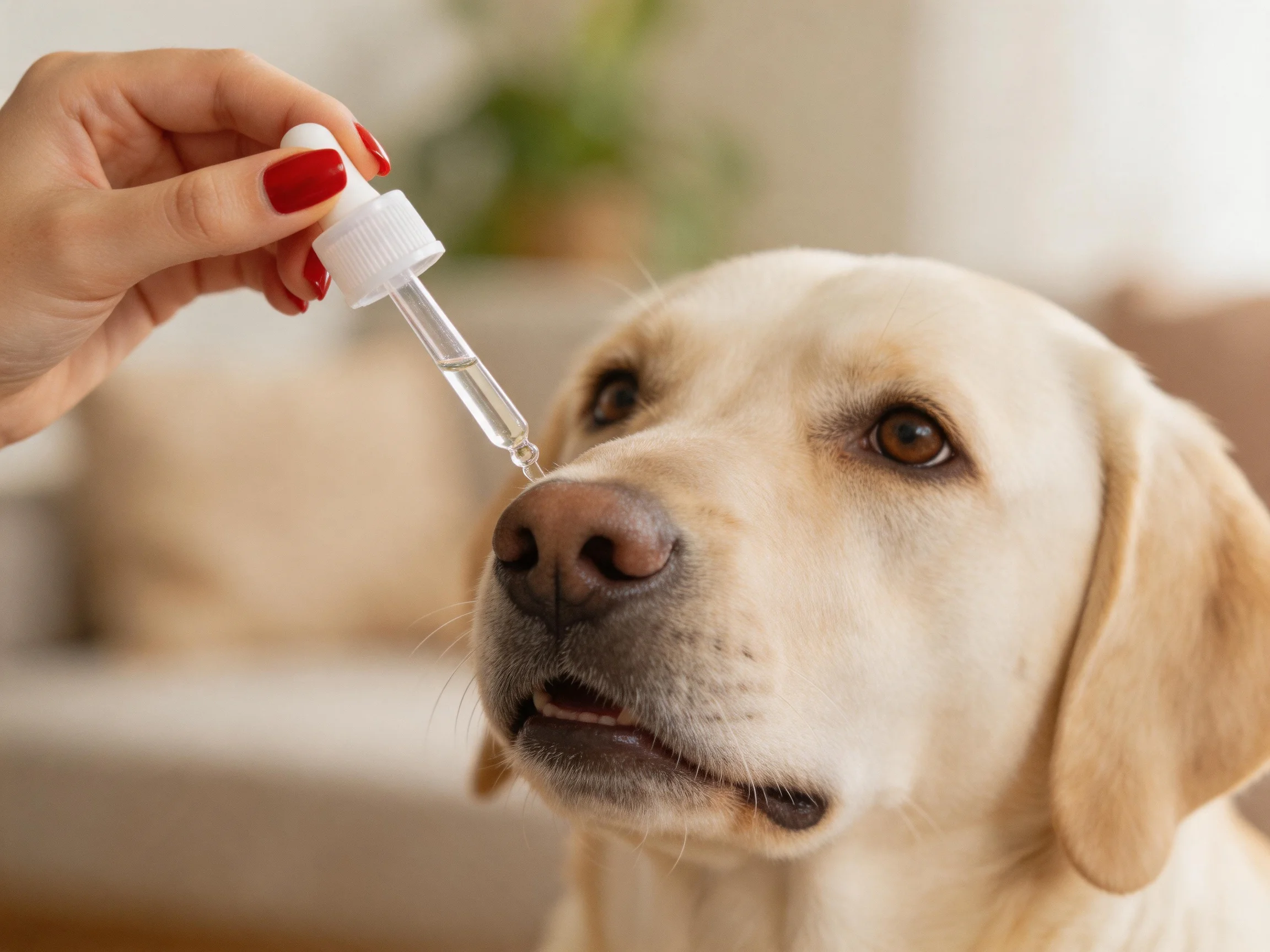 A yellow Labrador receives clear eye drops from a hand with red nail polish