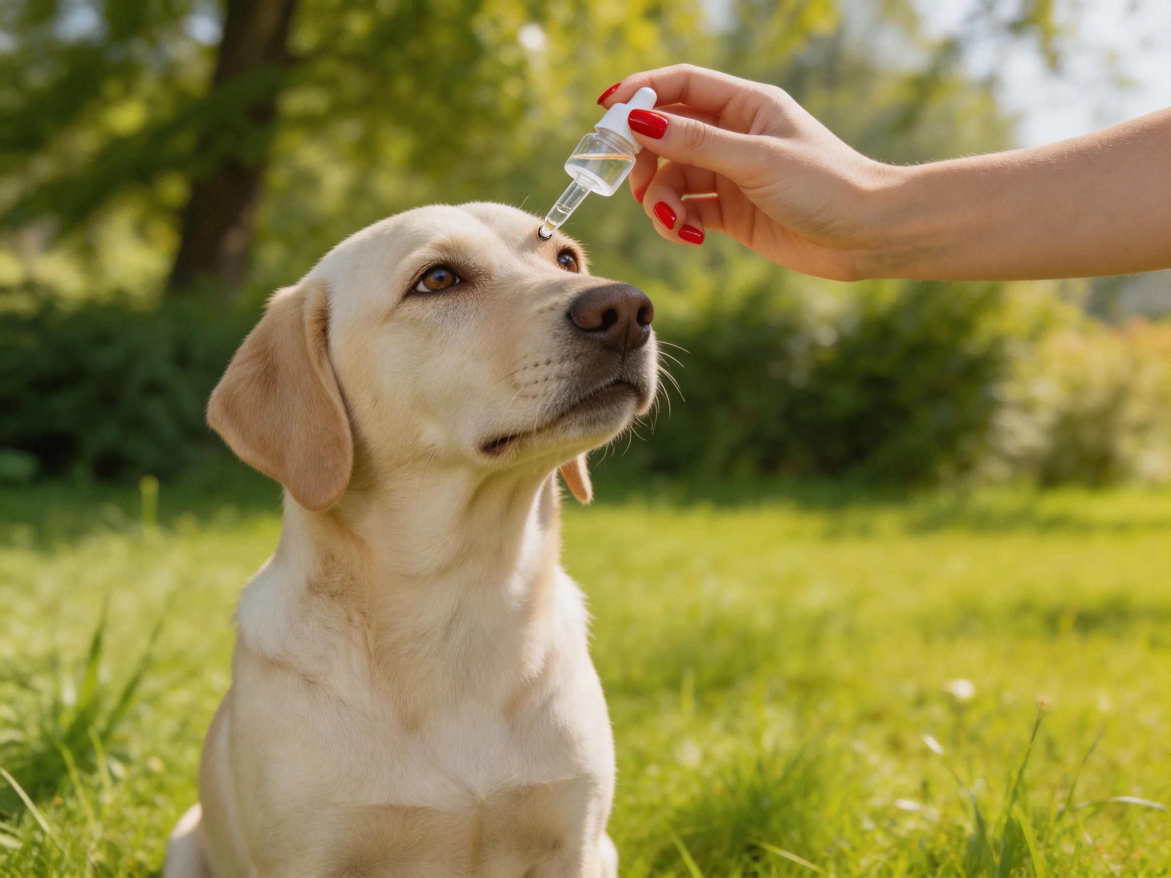 A yellow Labrador remains calm as eye drops are administered outdoors.