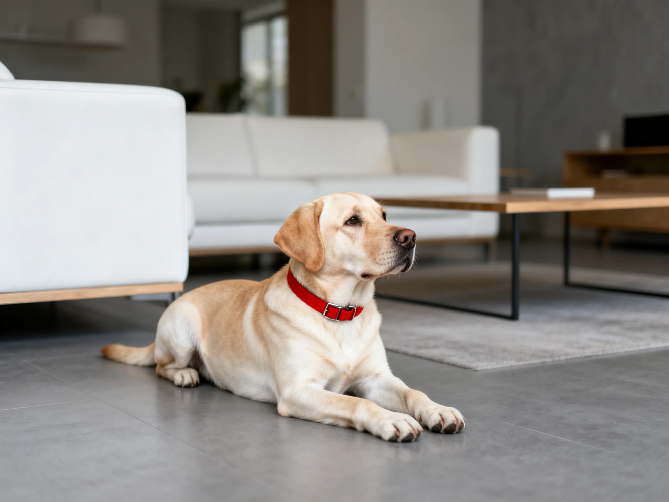 A yellow Labrador lies calmly on the floor of a modern living room with white furniture.