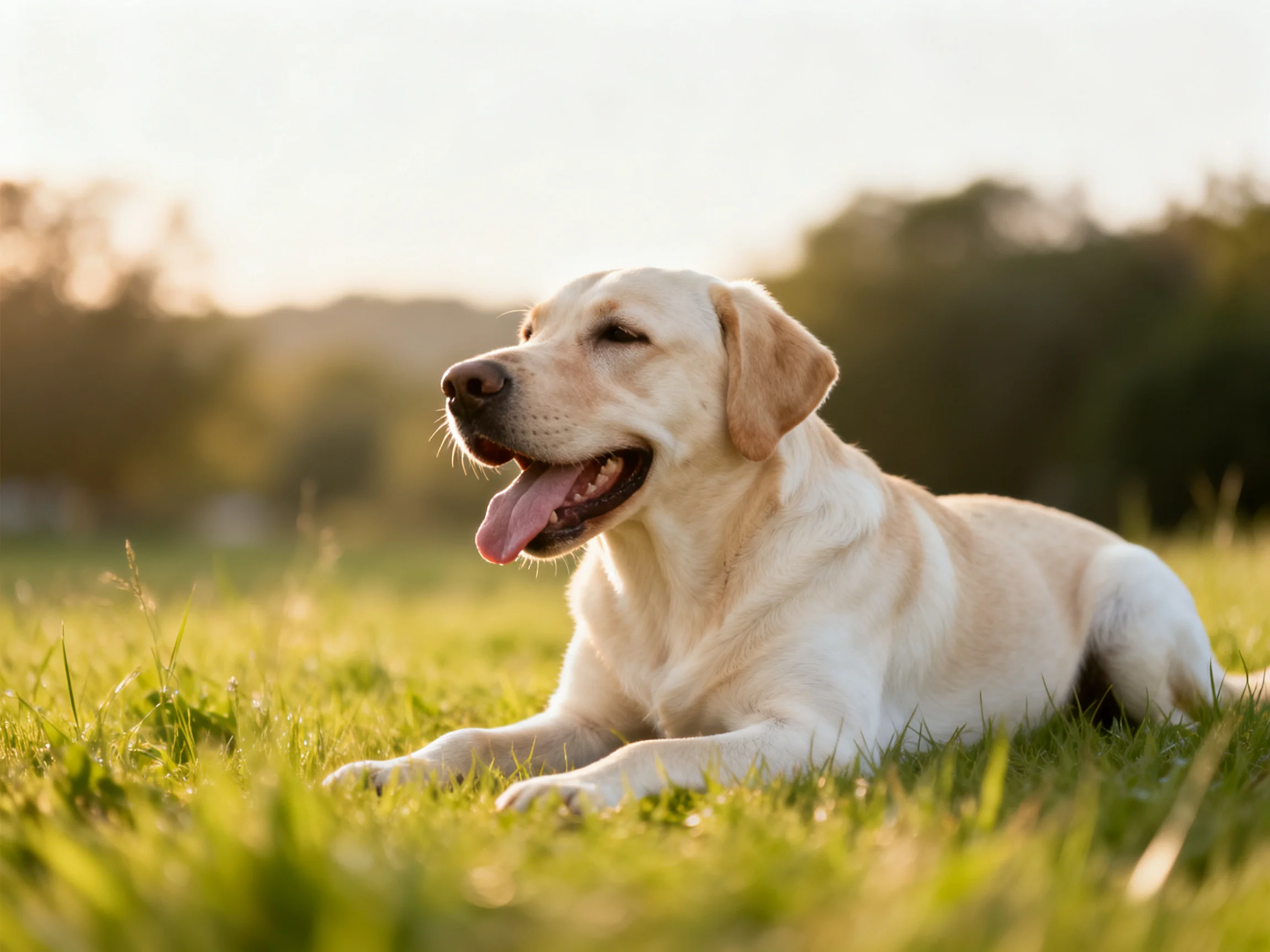 A yellow Labrador relaxes on green grass in a sunlit outdoor setting.