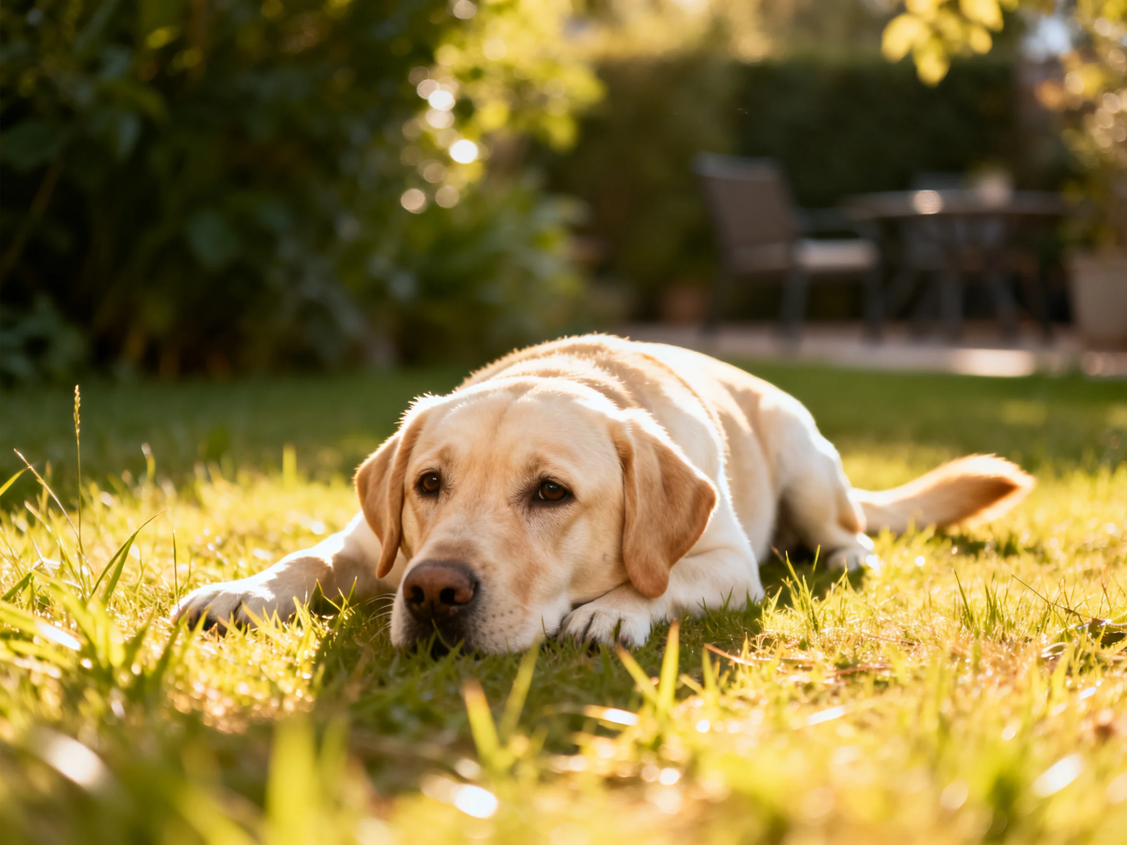 A yellow Labrador rests on sunlit green grass