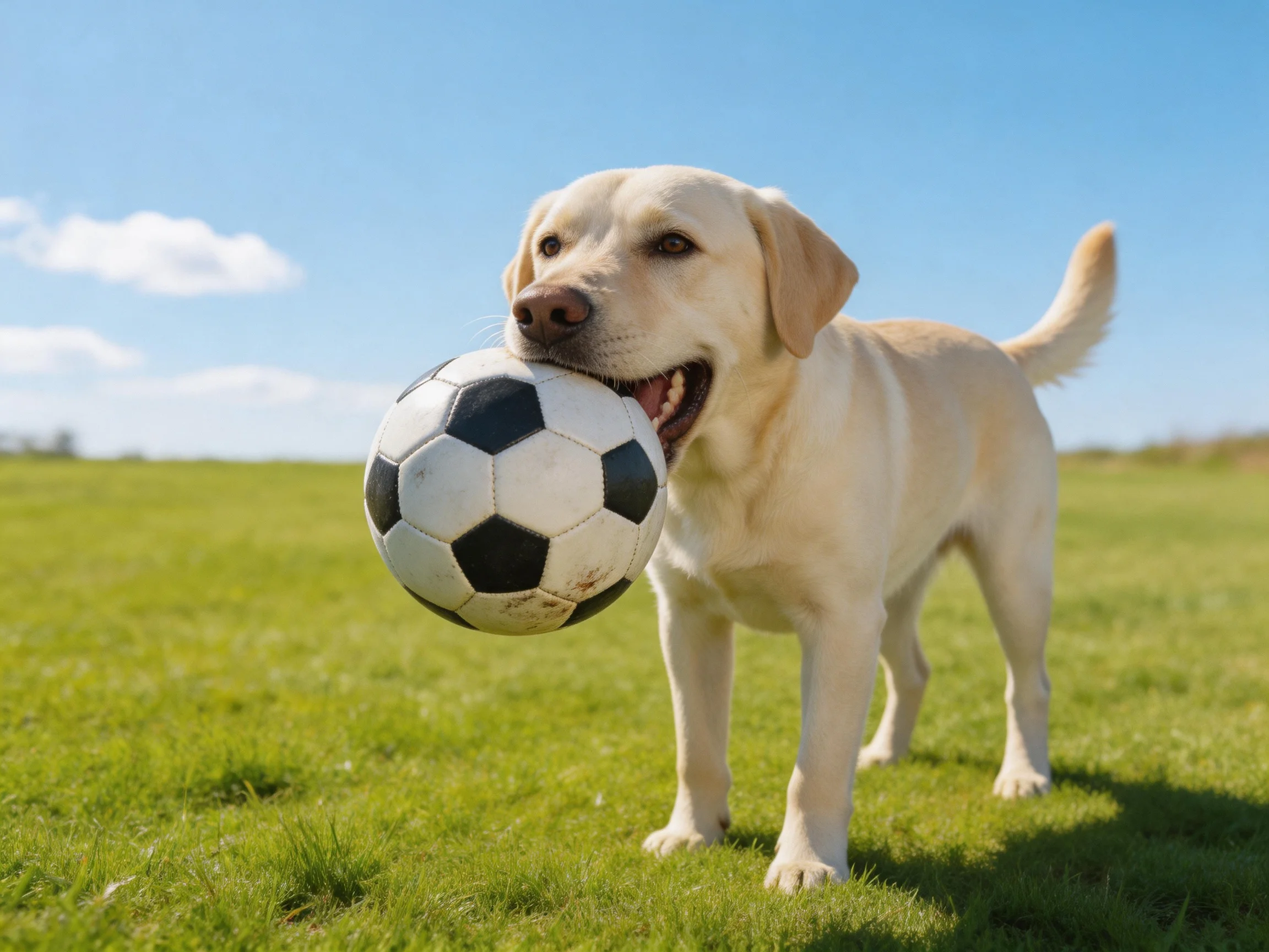 A yellow Labrador retriever carries a soccer ball on a sunlit grassy field.