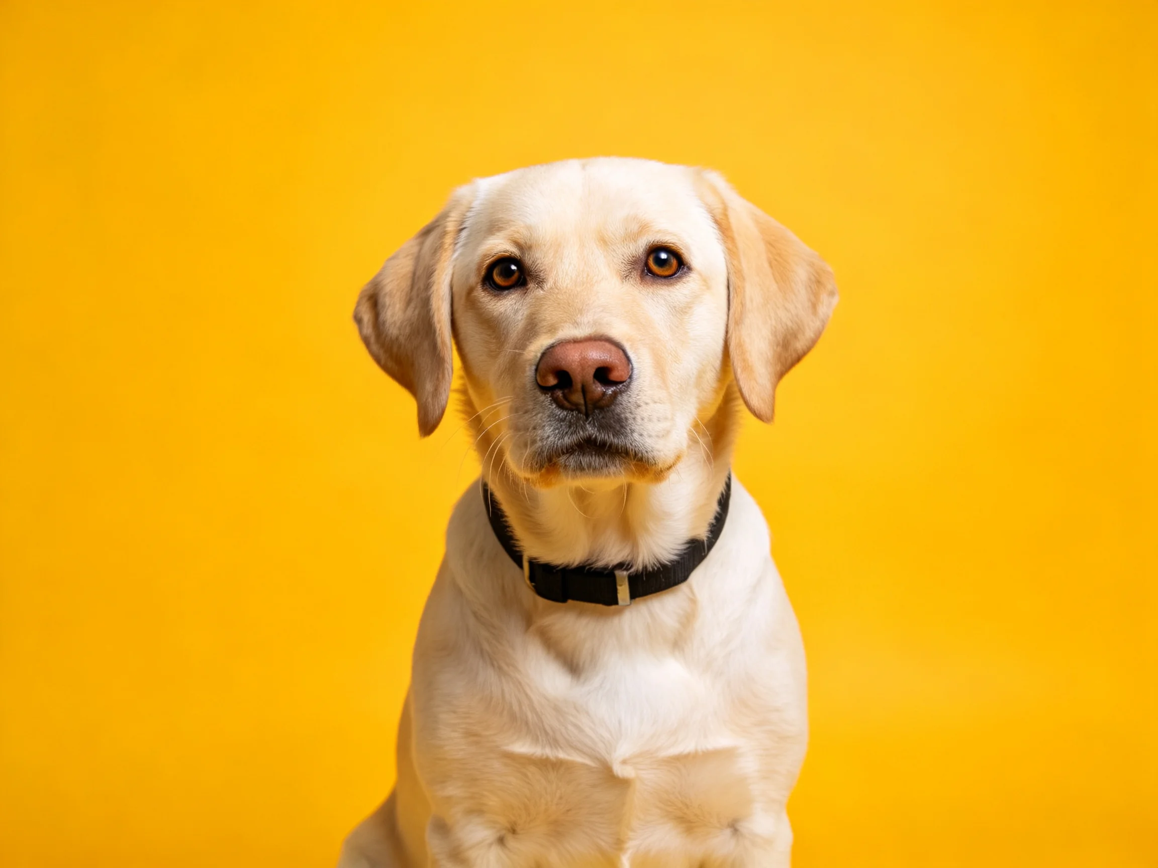 A yellow Labrador retriever sits calmly against a bright yellow background.